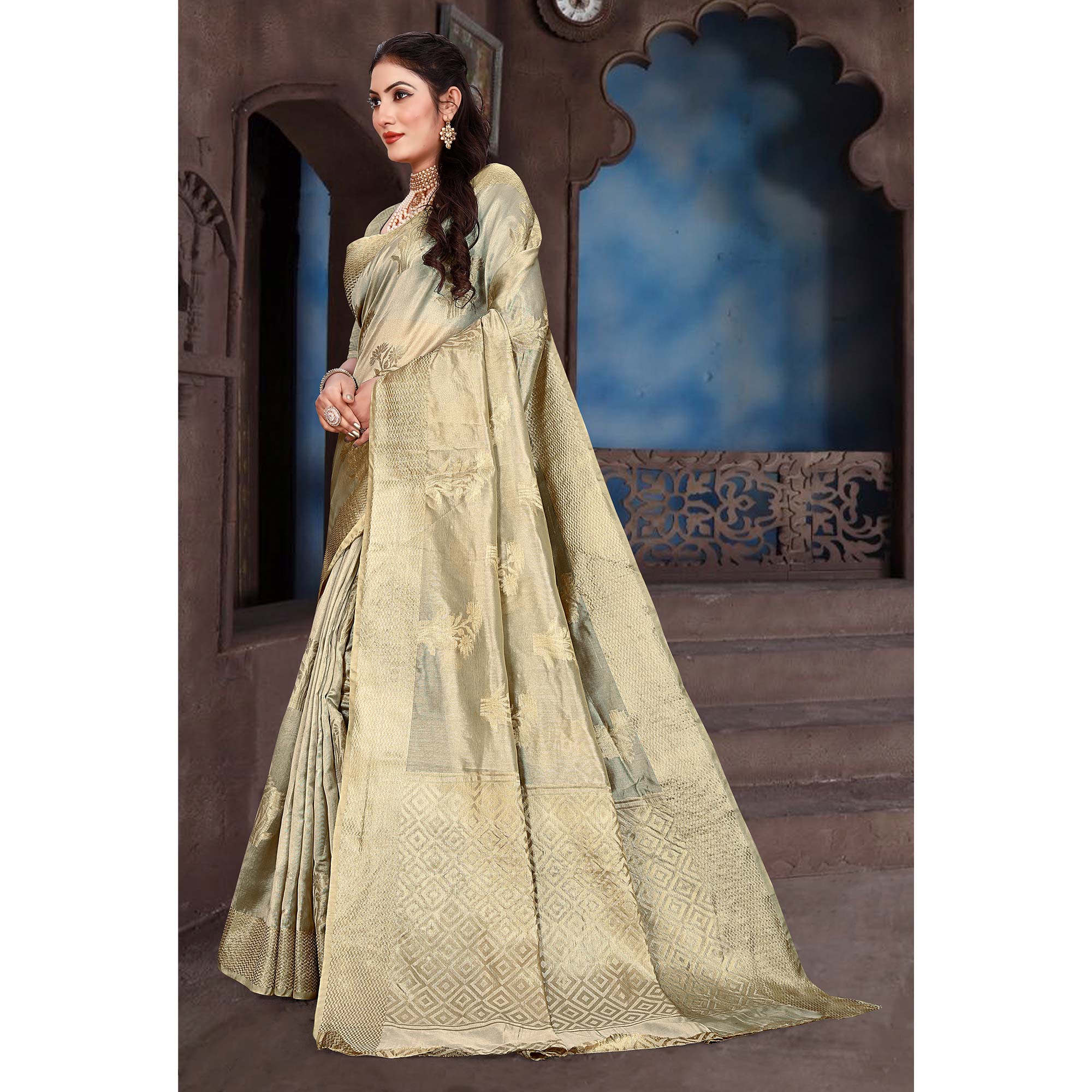 Grey Floral Woven Organza Saree