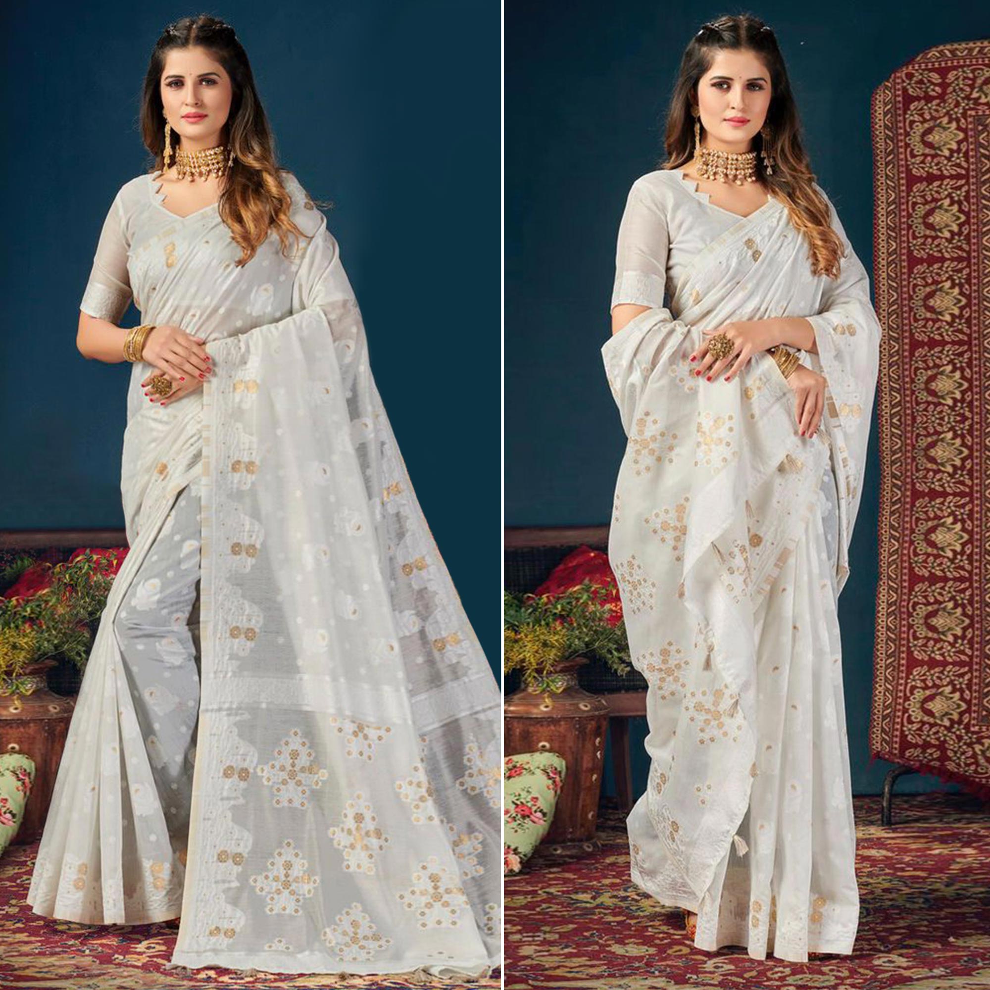 White Woven Cotton Blend Saree With Tassels