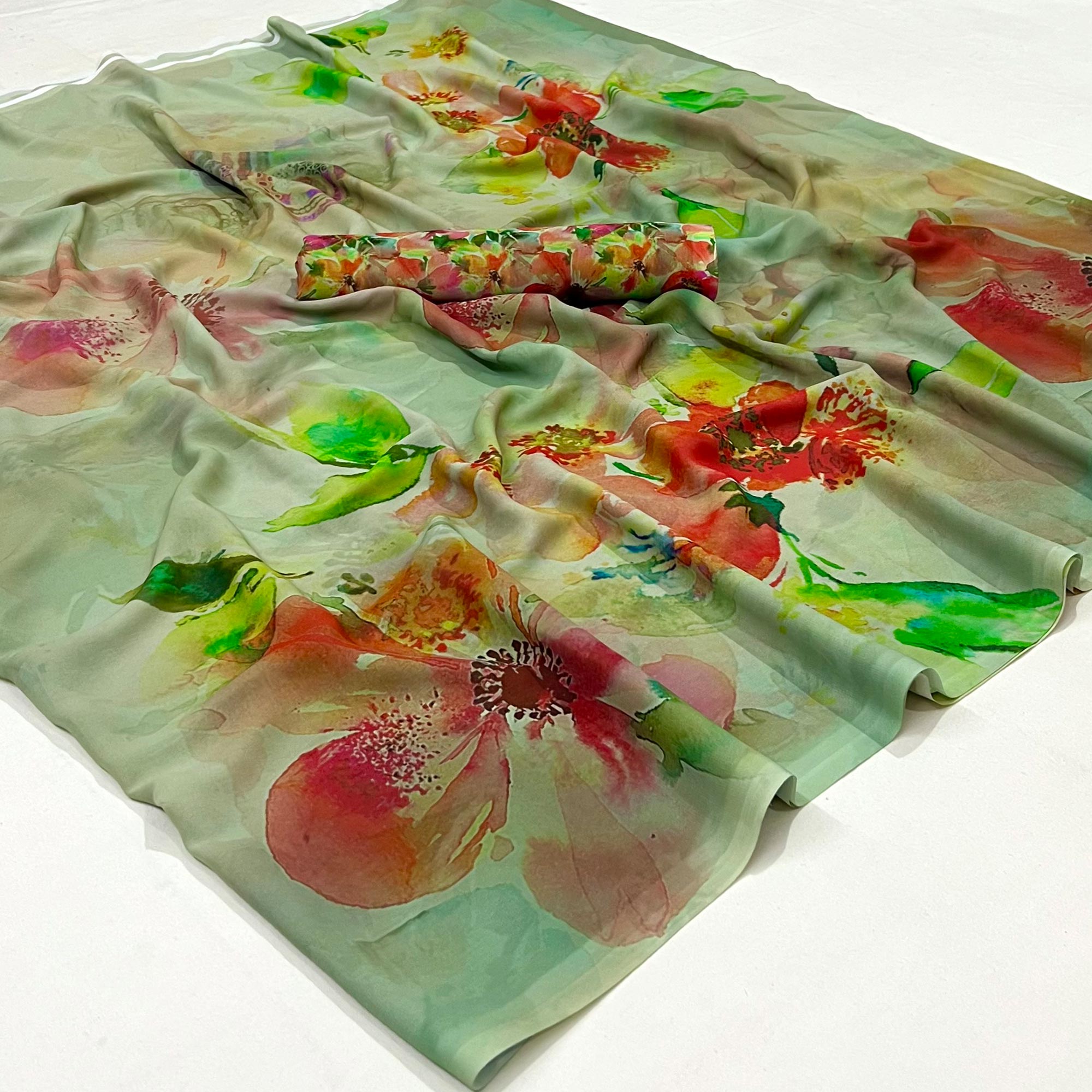 Green Floral Digital Printed Georgette Saree