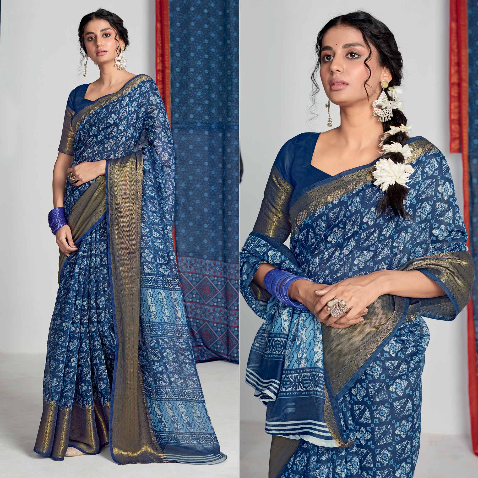 Blue Printed With Woven Border Cotton Blend Saree