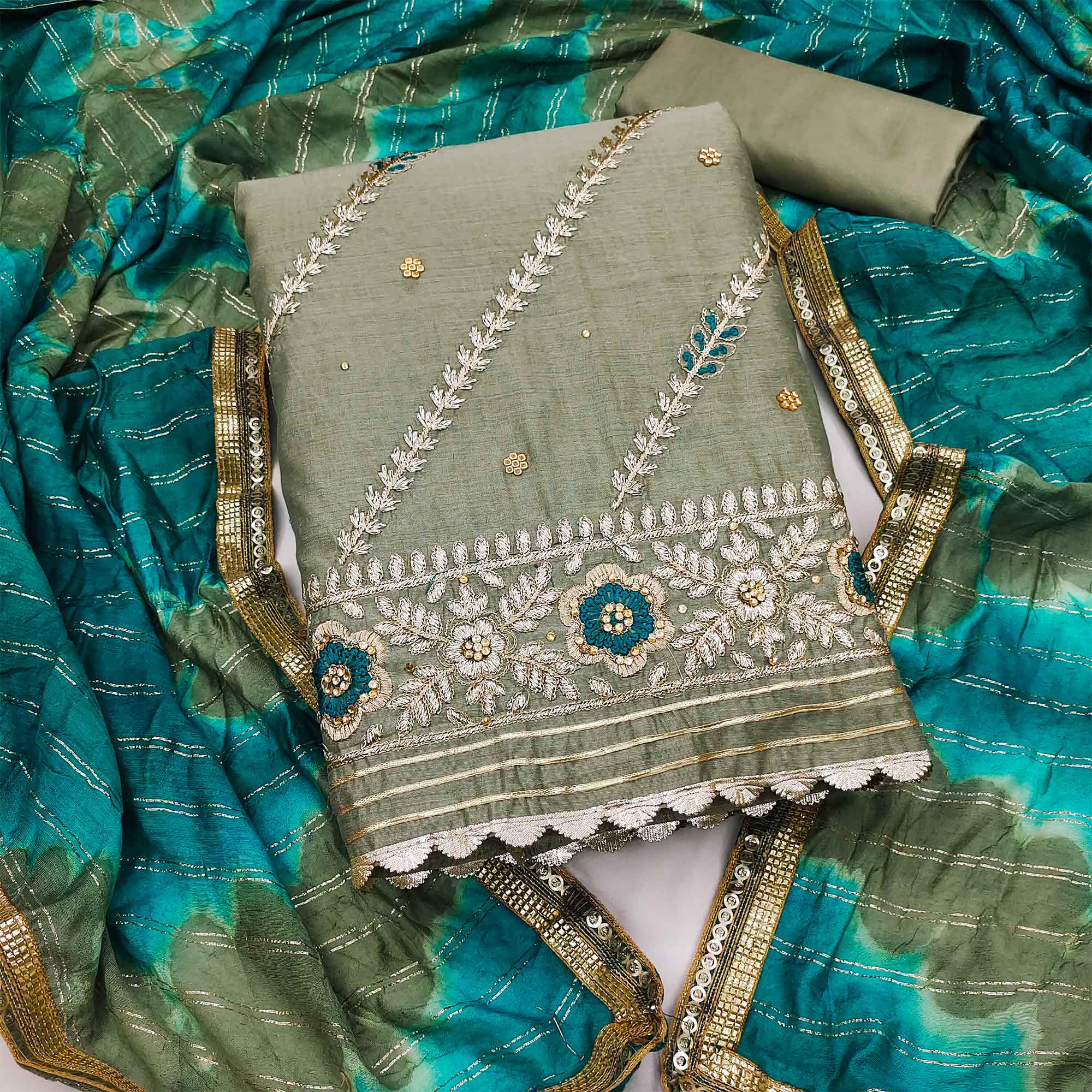 Green Floral Embroidered Modal Dress Material