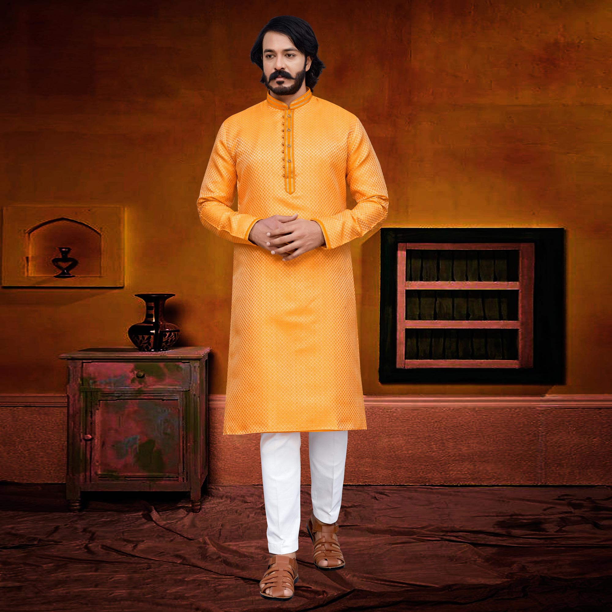 Orange Woven Jacquard Kurta Pyjama Set