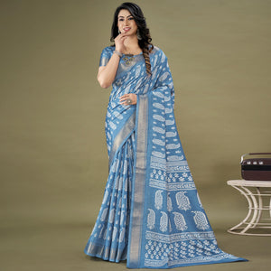Blue Floral Printed Dola Silk Saree