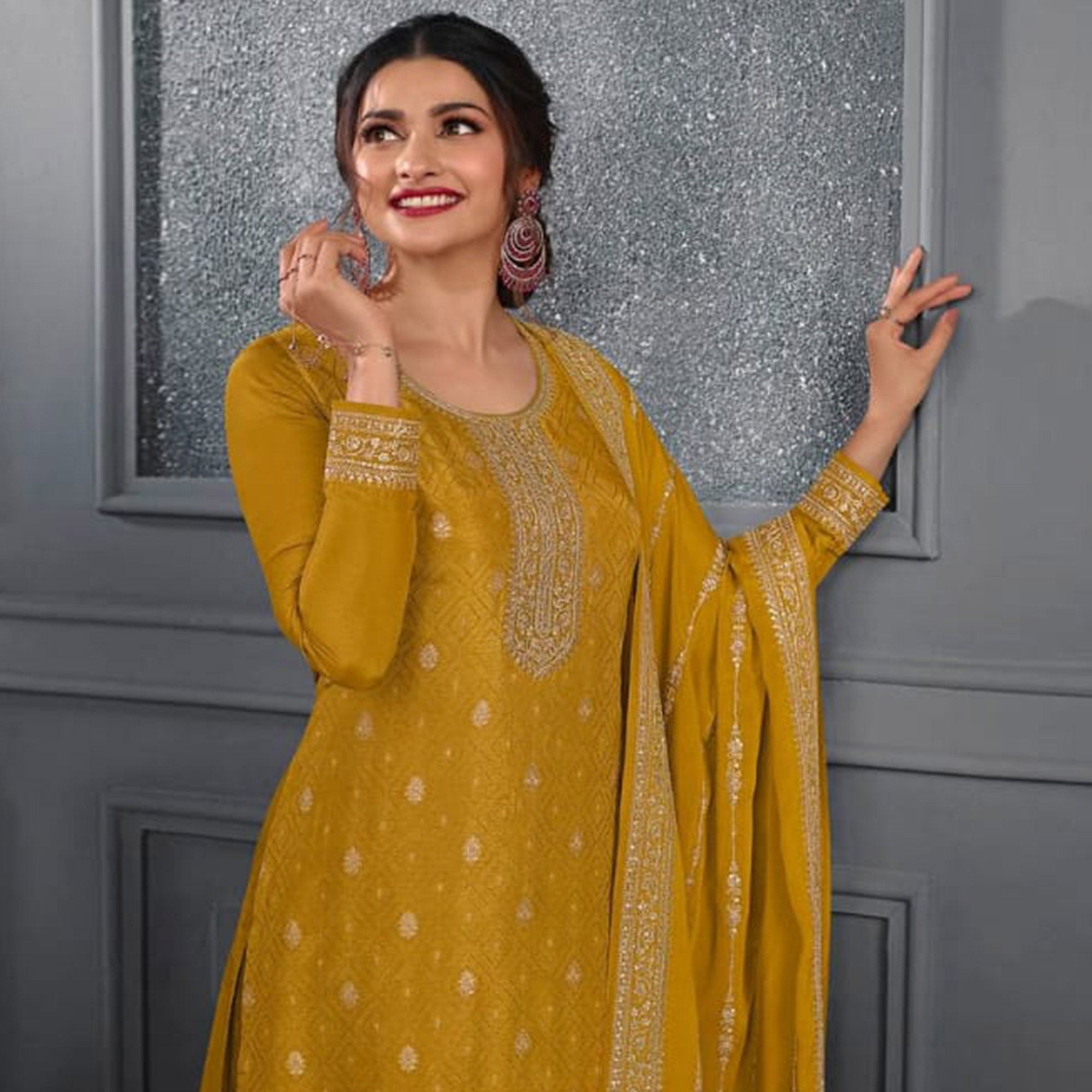 Mustard Woven With Sequins Embroidered Dola Silk Palazzo Suit