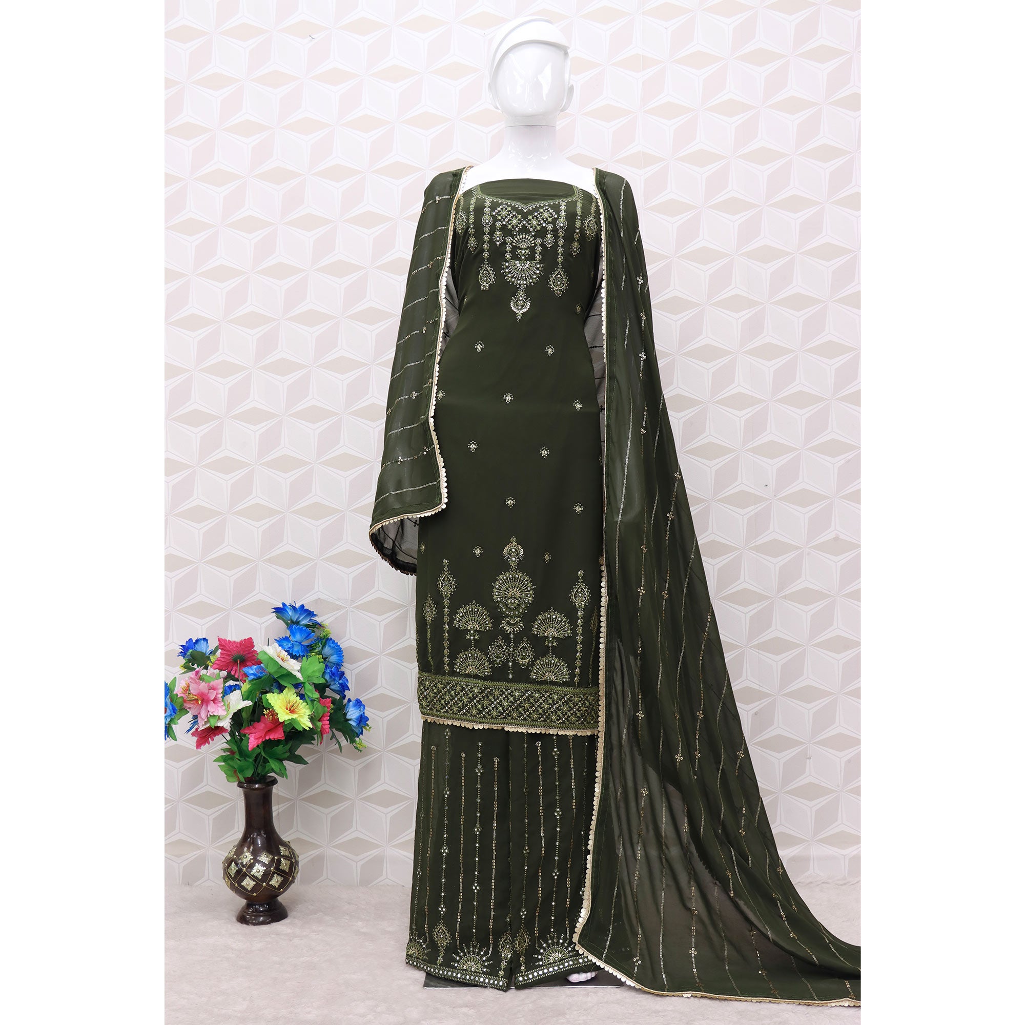 Mehndi Green Sequins Embroidered Georgette Sharara Suit