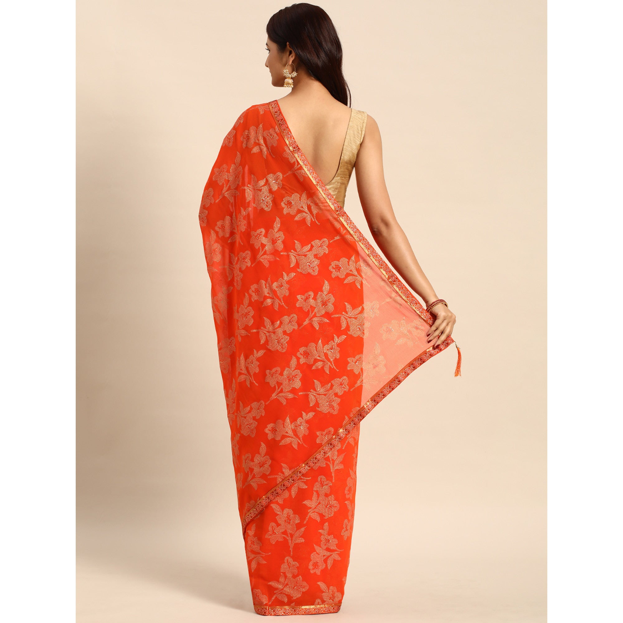 Orange Floral Foil Printed Zomato Saree