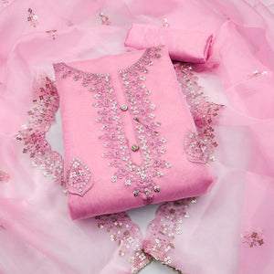Pink Sequins Embroidered Organza Dress Material