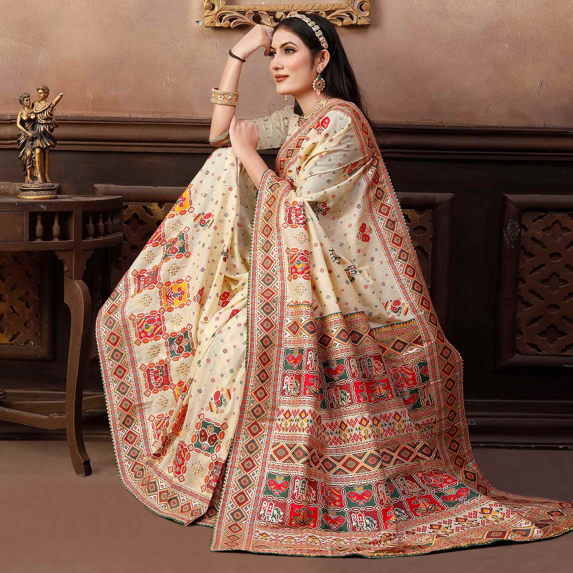 Off White Woven With Gota Patti Work Pashmina Saree