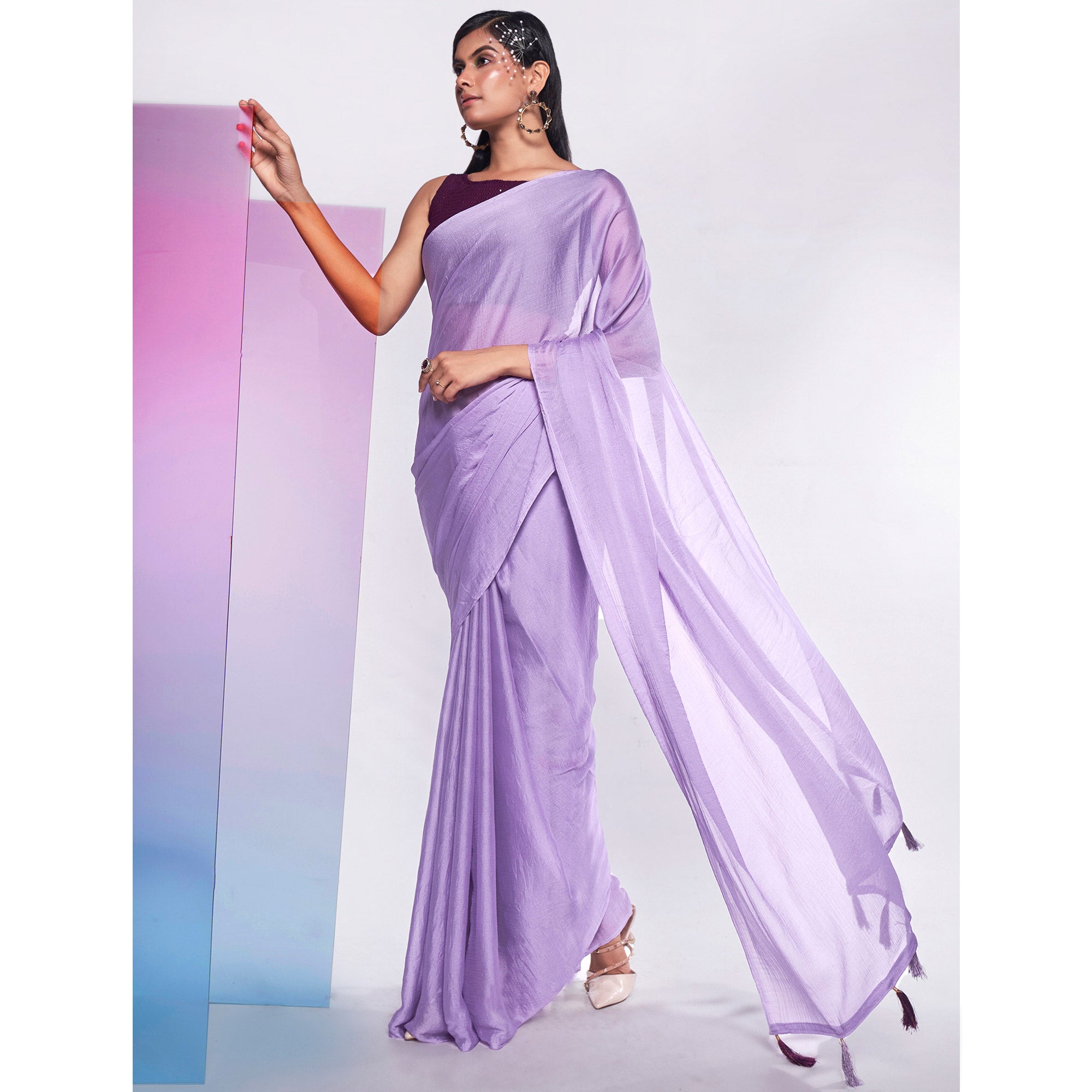 Purple Solid Georgette Saree With Tassels
