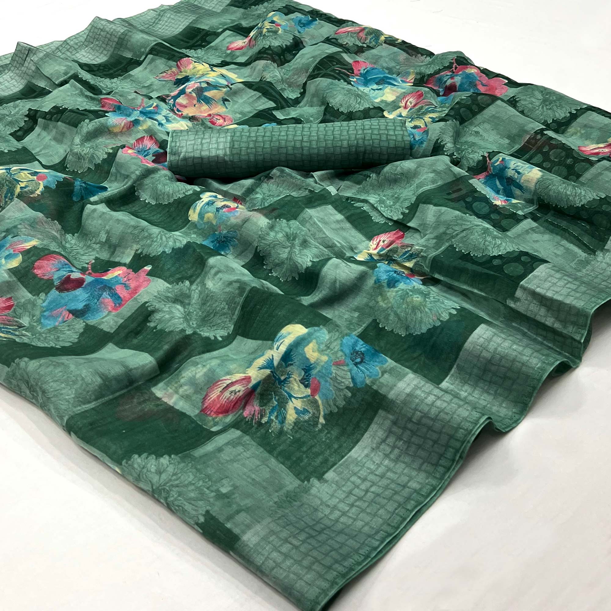 Green Floral Printed Linen Saree