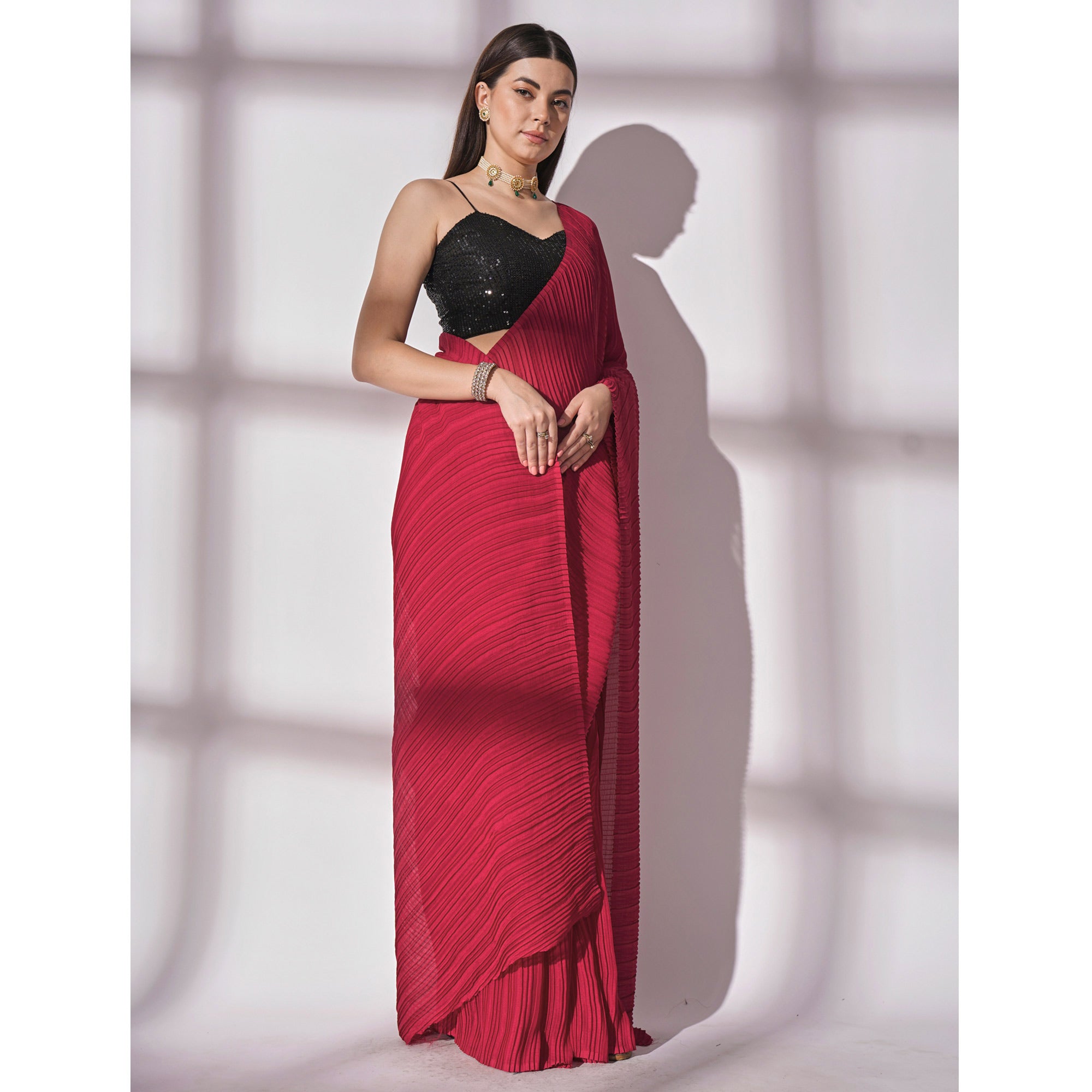 Pink Striped Pattern Georgette Saree