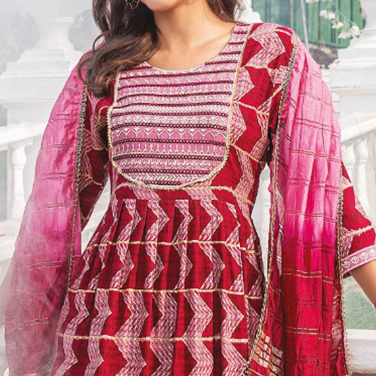 Pink Foil Printed Rayon Naira Cut Suit