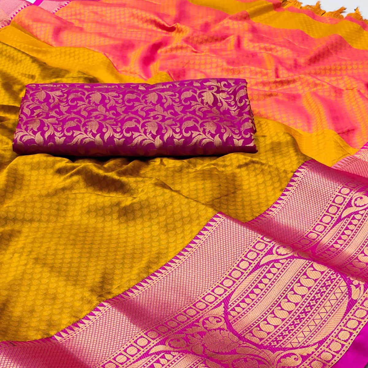 Gold Woven Cotton Silk Saree With Tassels