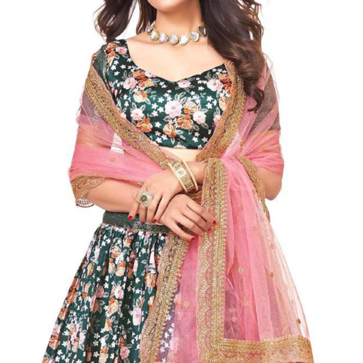 Green Digital Printed With Zari Work Art Silk Lehenga Choli