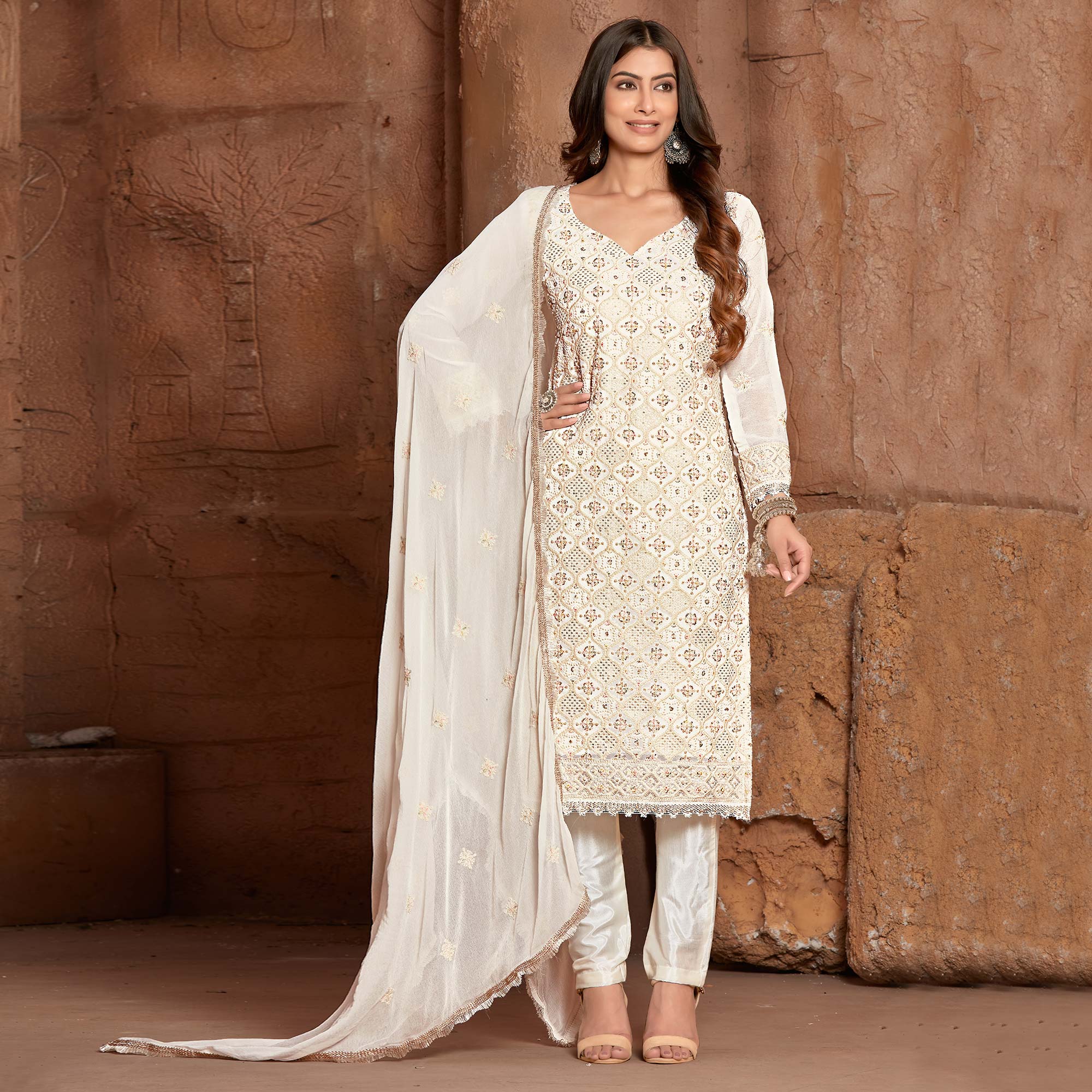 White Lucknowi Embroidered Georgette Suit