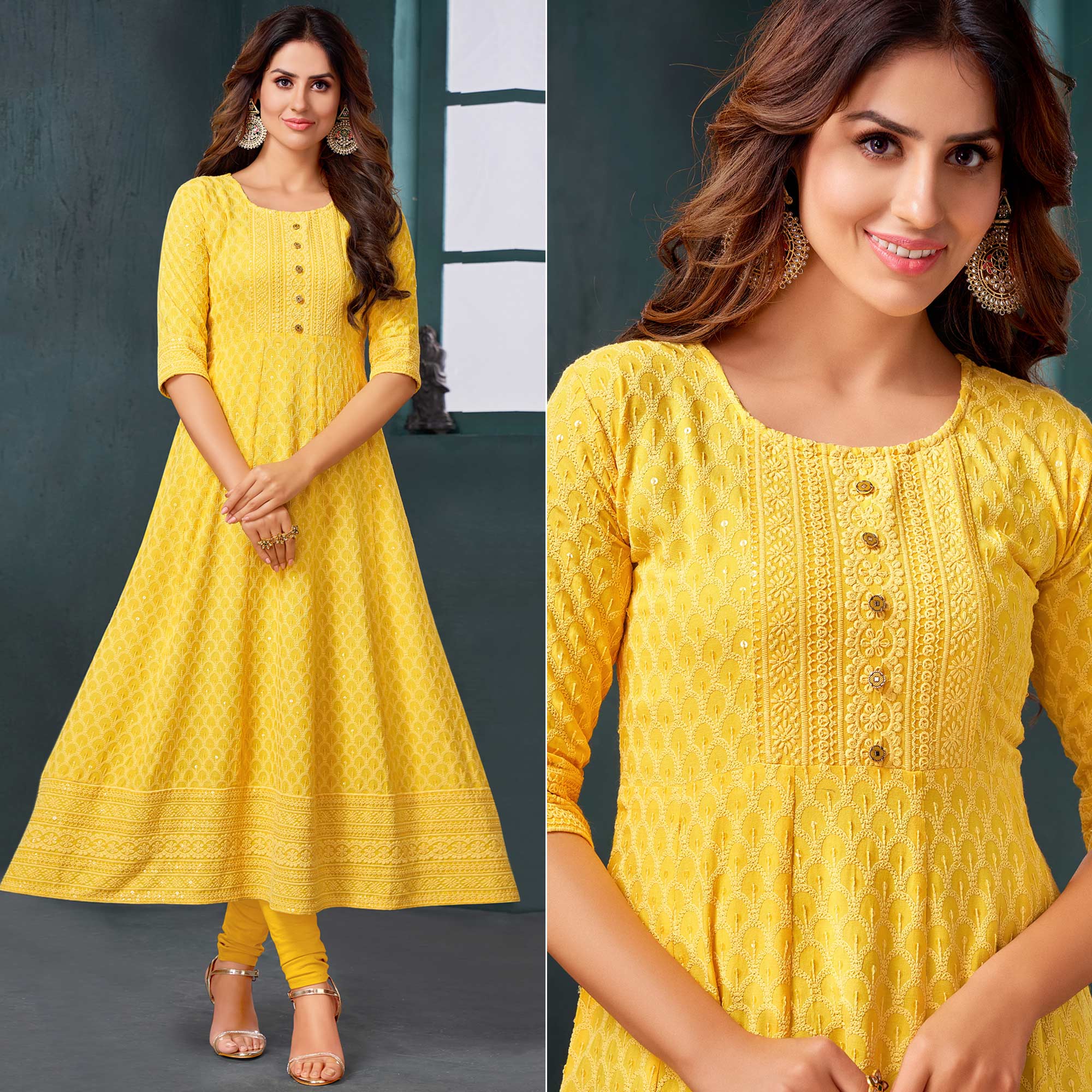Yellow Chikankari Work Aanarkali Style Rayon Kurti