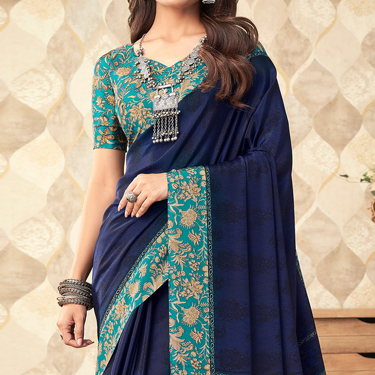 Navy Blue Printed Crepe Saree