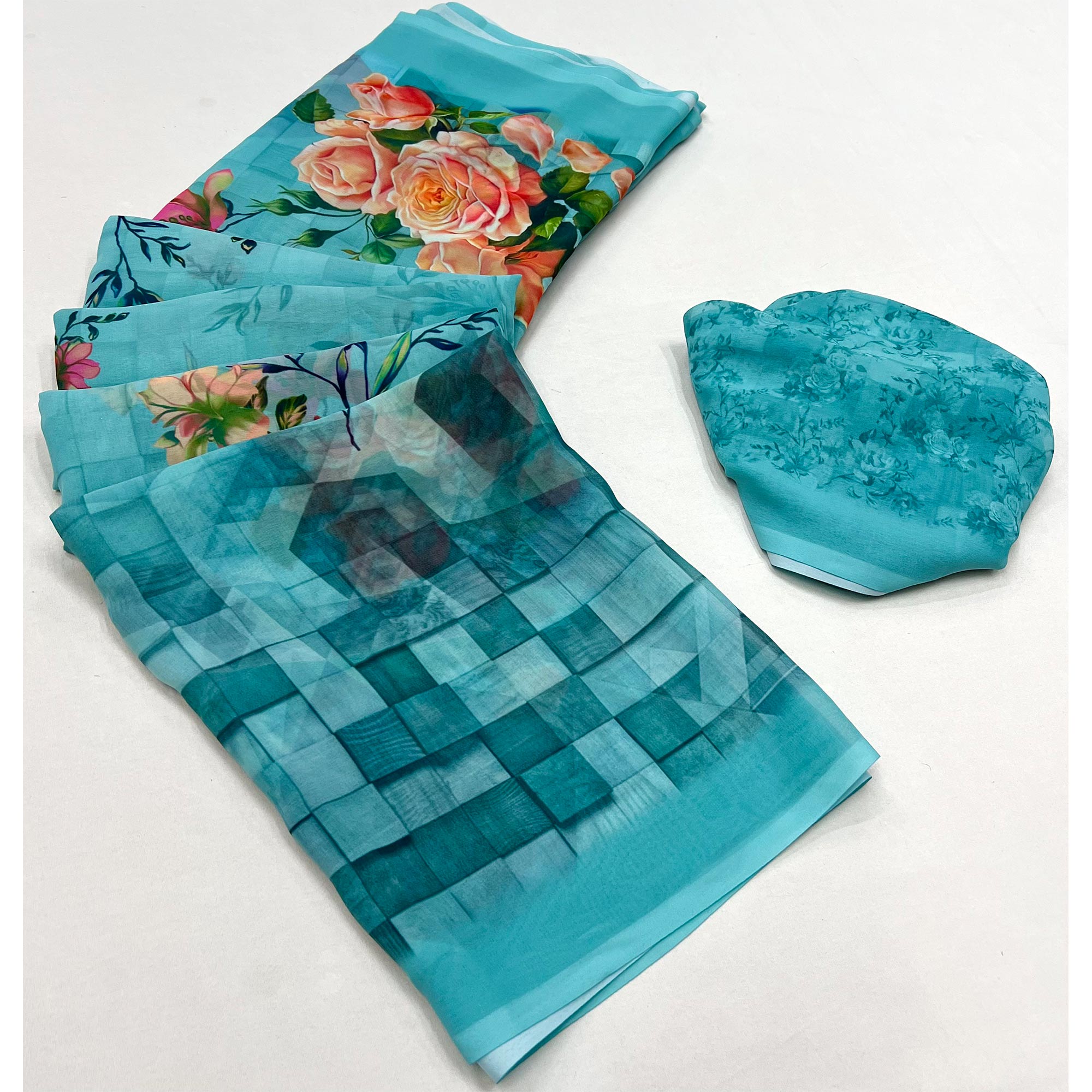 Rama Blue Digital Printed Georgette Saree