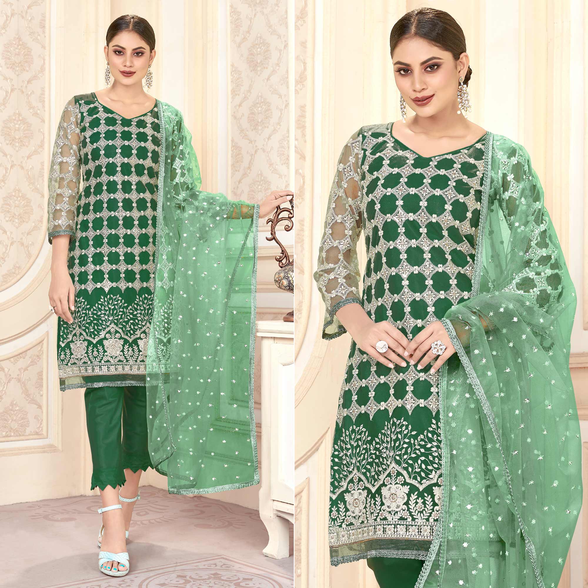 Green Sequins Embroidered Net Semi Stitched Suit