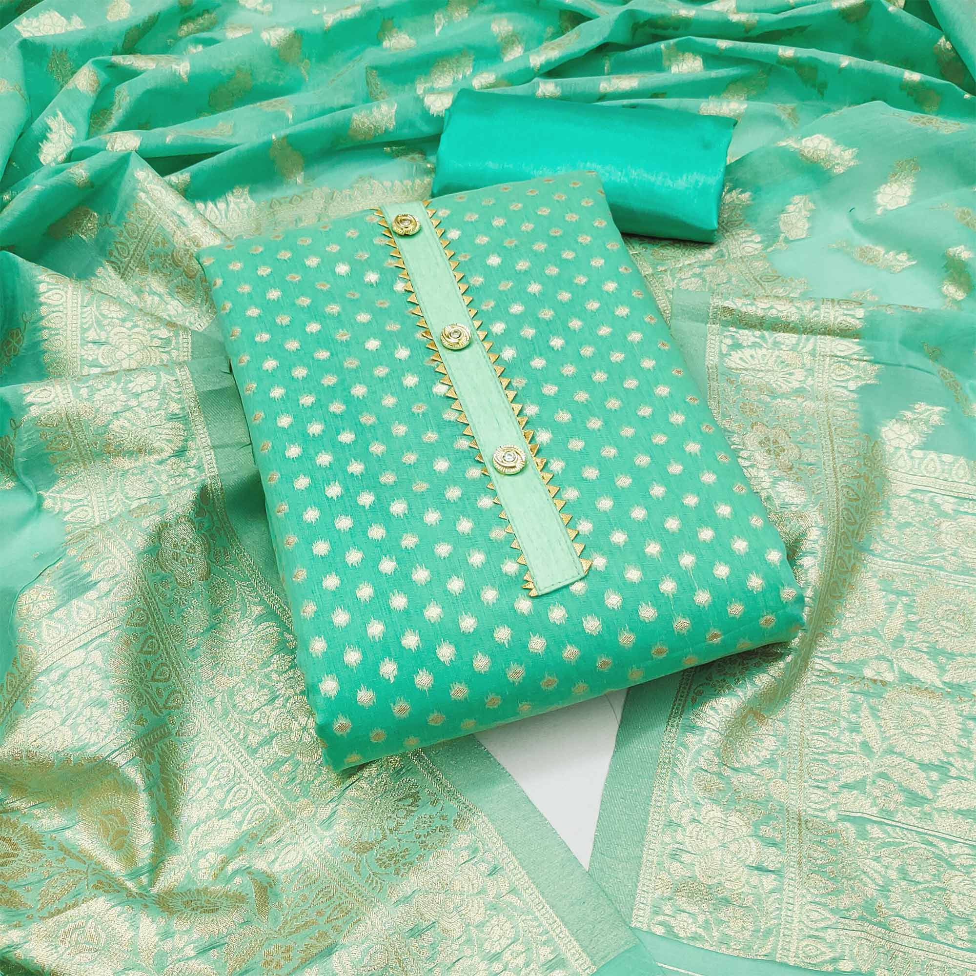 Turquoise Woven Banarasi Silk Dress Material