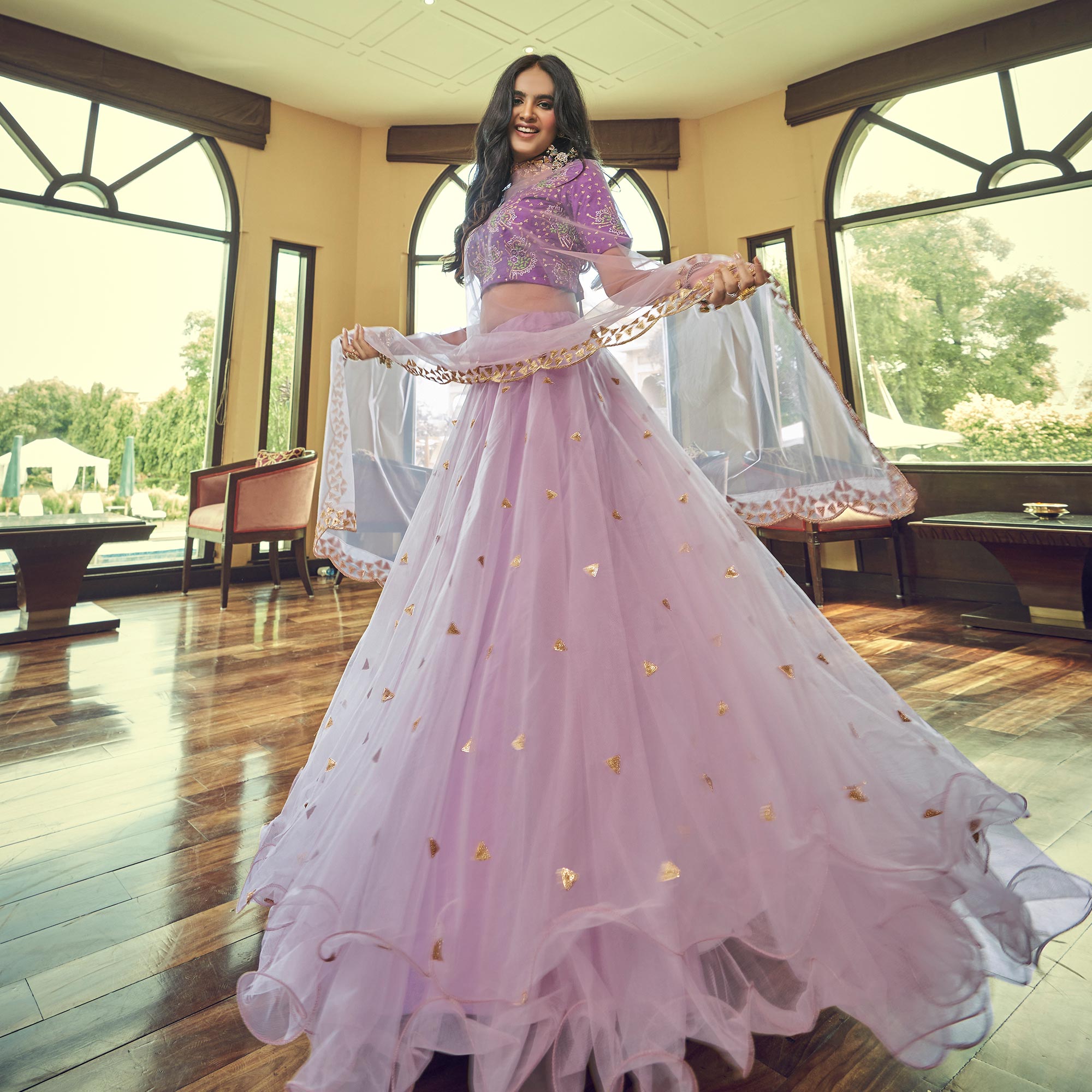 Lavender Sequins Embroidered Netted Lehenga Choli