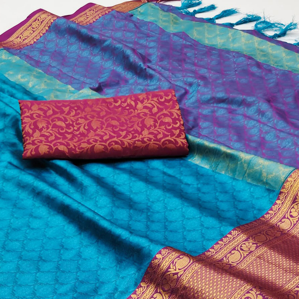 Sky Blue Printed And Woven Cotton Silk Saree With Tassels