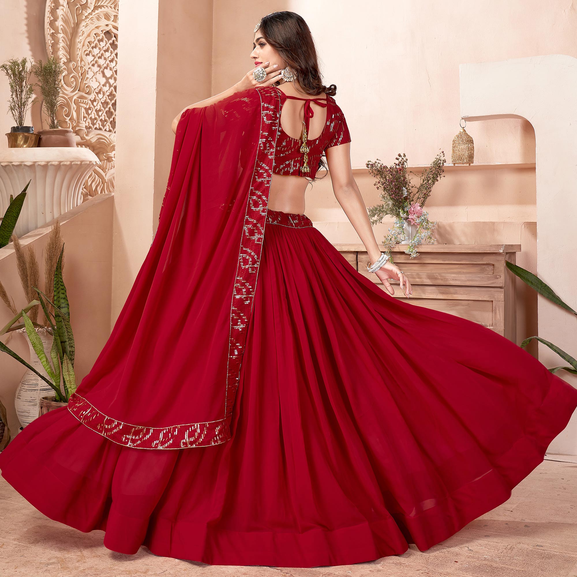 Red Sequins Embroidered Georgette Lehenga Choli
