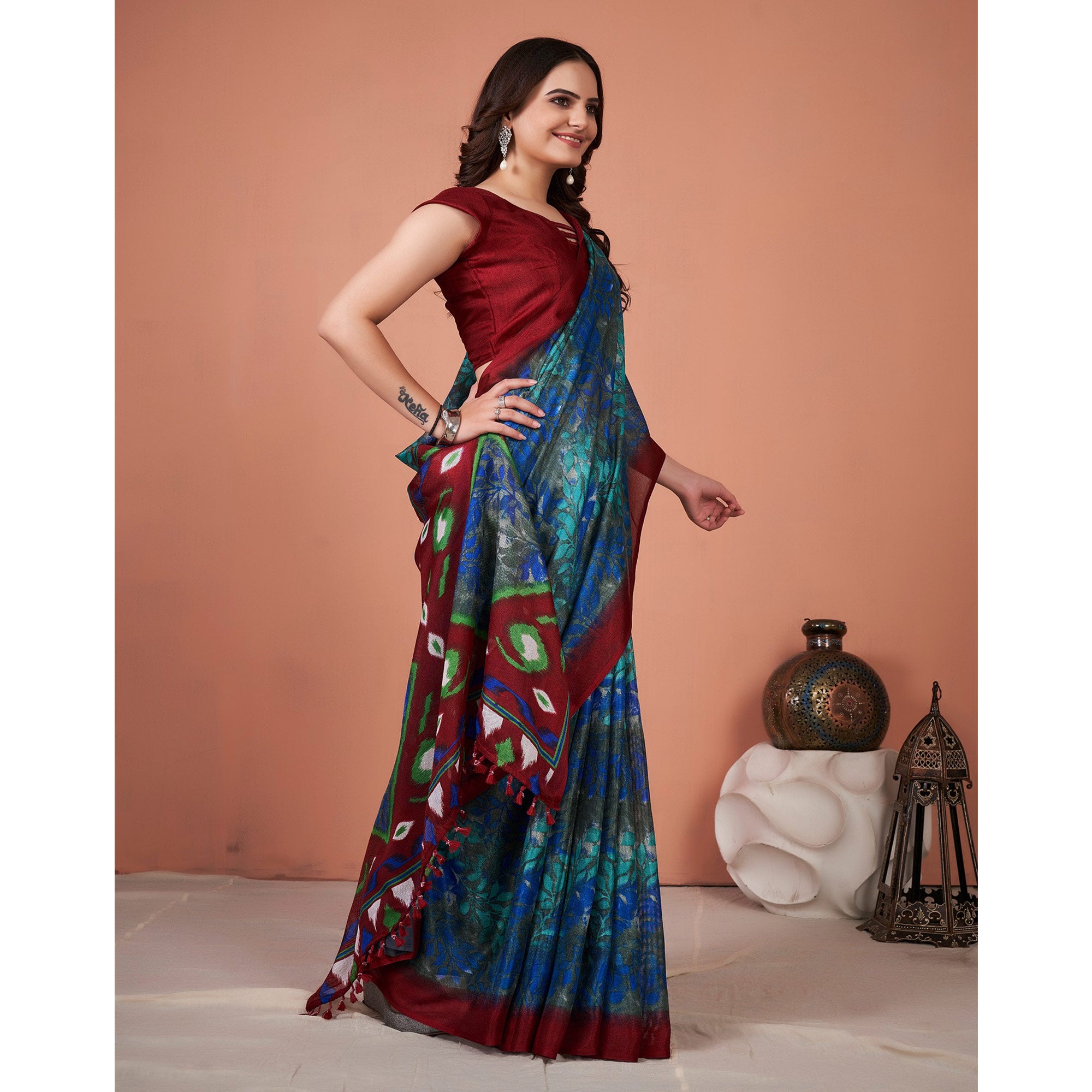 Multicolored Printed Jute Saree With Tassels