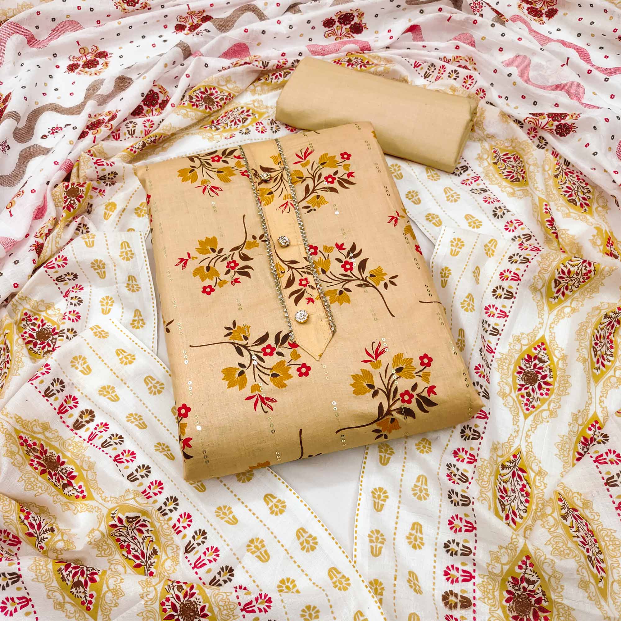 Cream Floral Printed With Embroidered Pure Cotton Dress Material