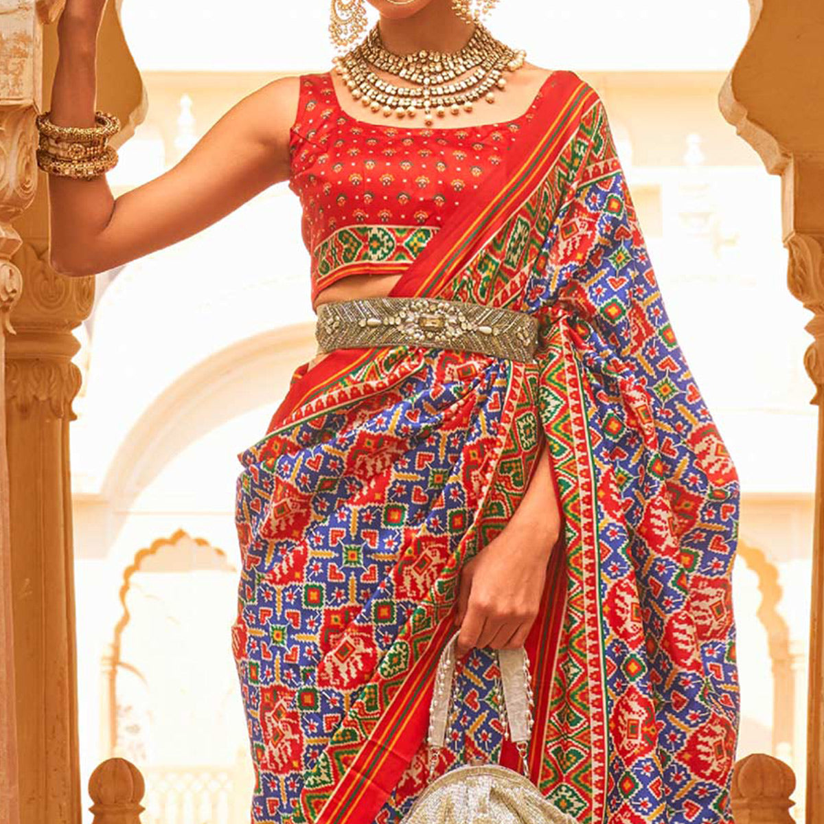 Blue & Red Printed Tussar Silk Saree With Tassels