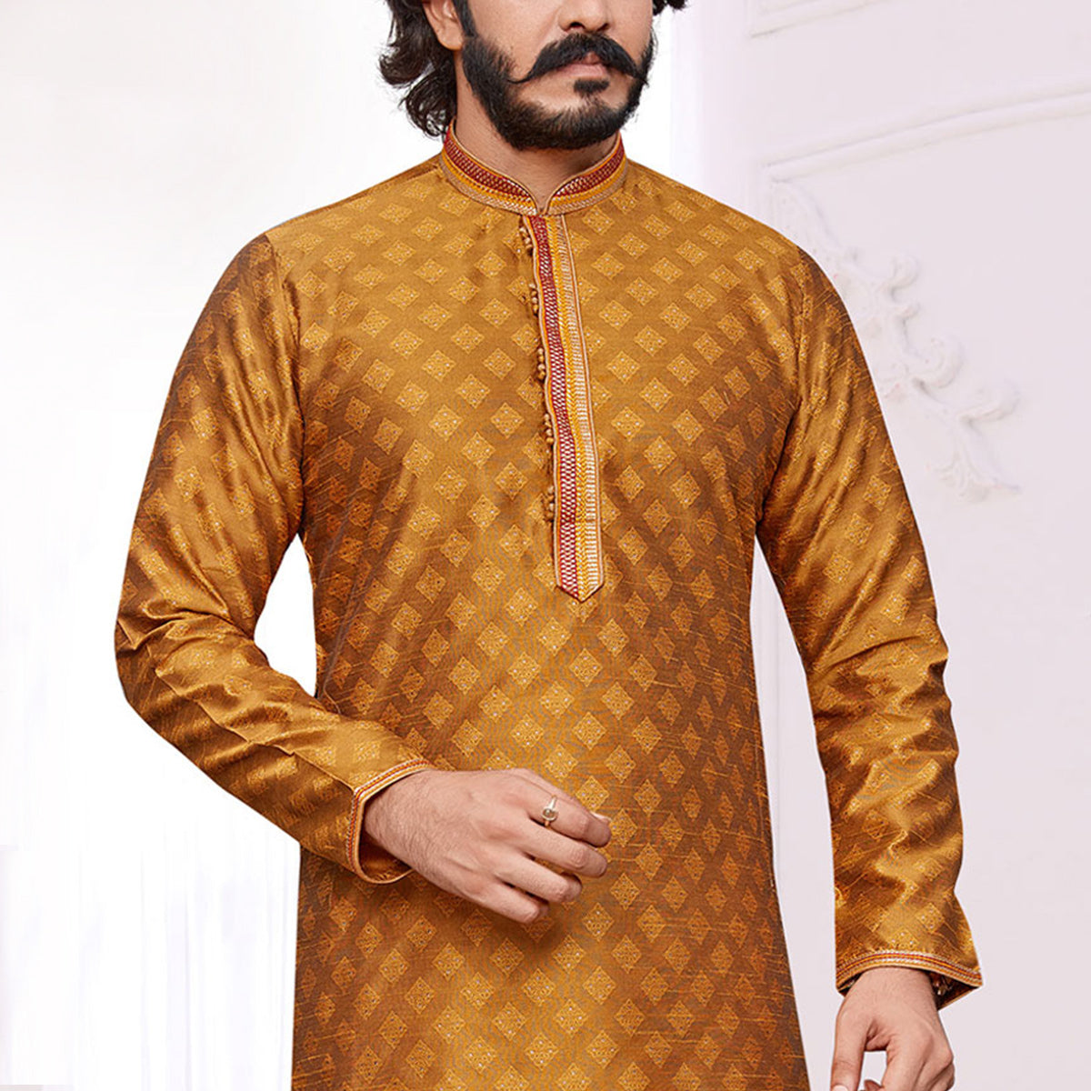 Mustard Woven Jacquard Kurta Pyjama Set