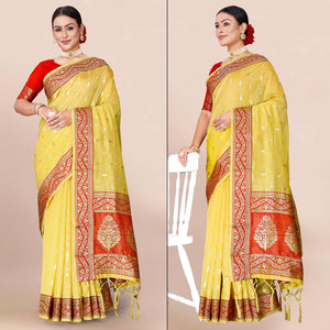 Yellow Woven Organza Saree With Tassels
