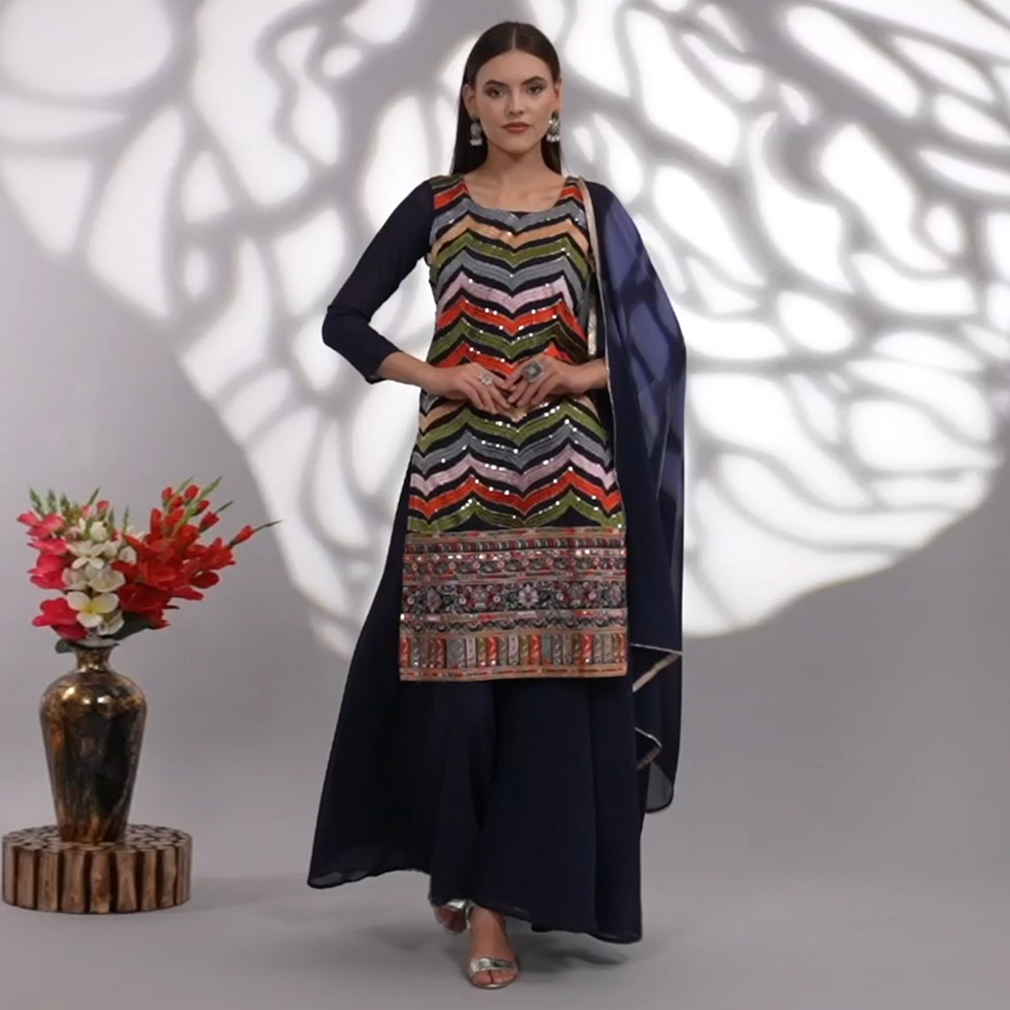 Navy Blue Sequins Embroidered Georgette Sharara Suit