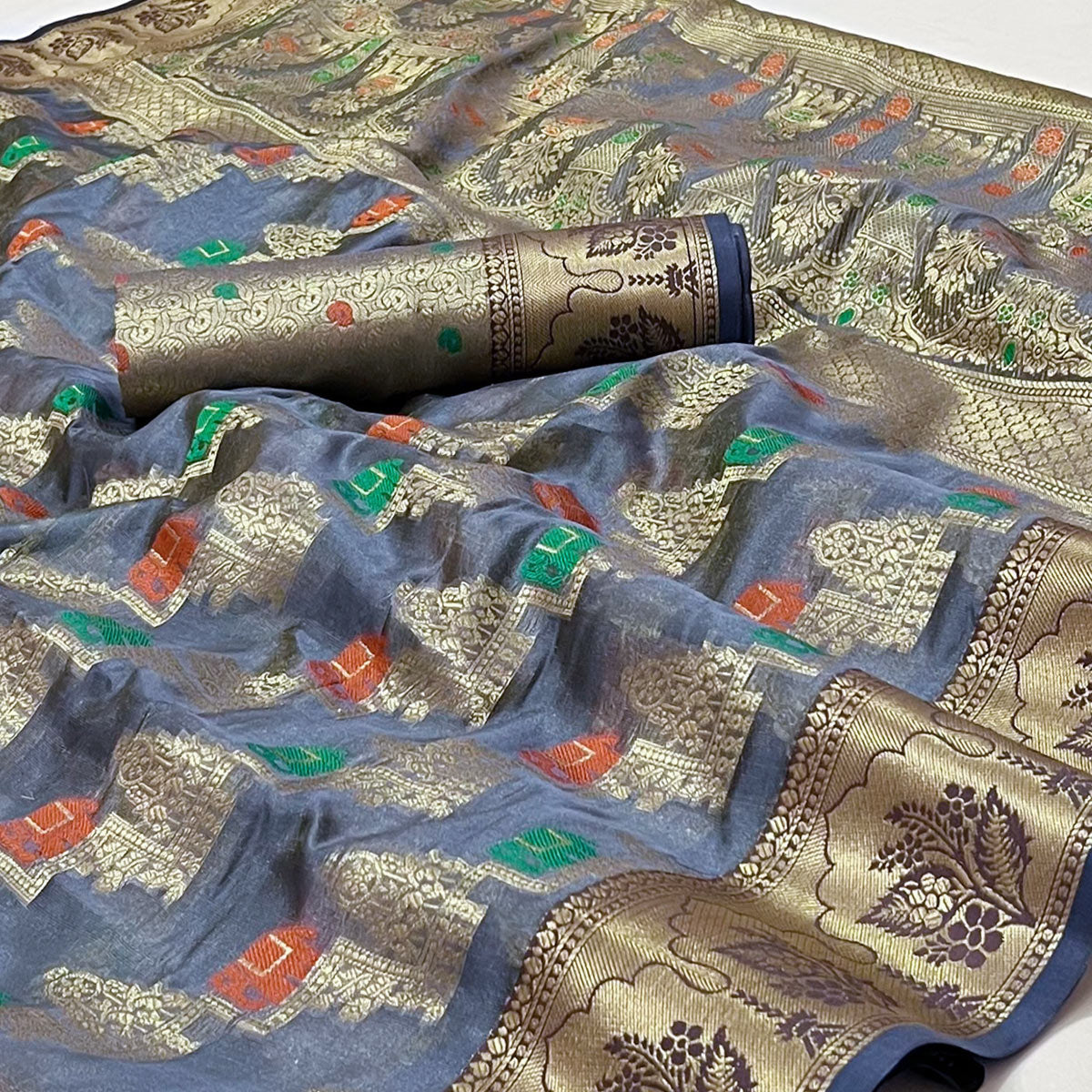 Grey Woven Organza Saree