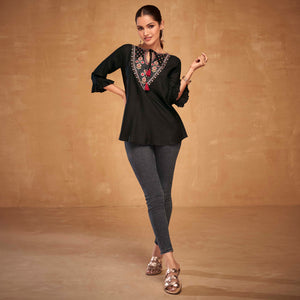 Black Floral Embroidered Rayon Top
