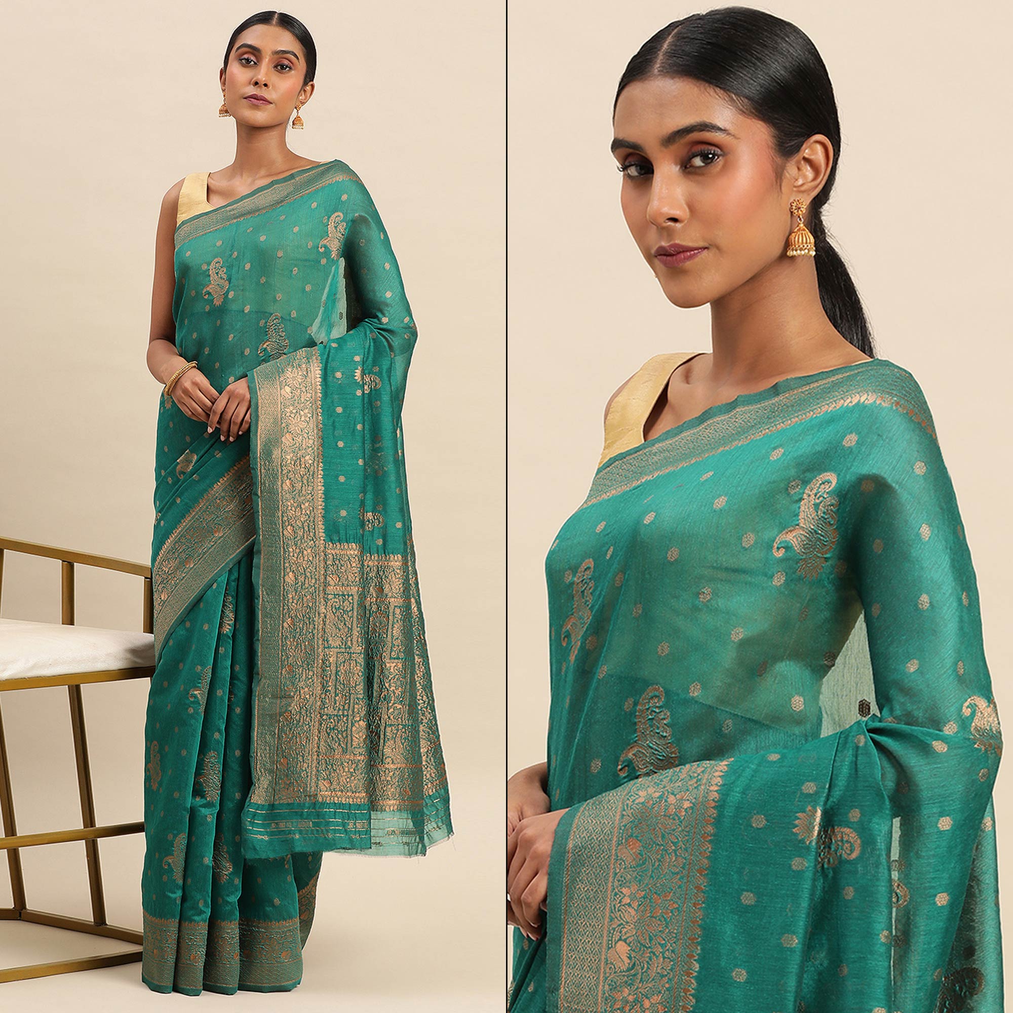 Turquoise Green Woven Organza Saree
