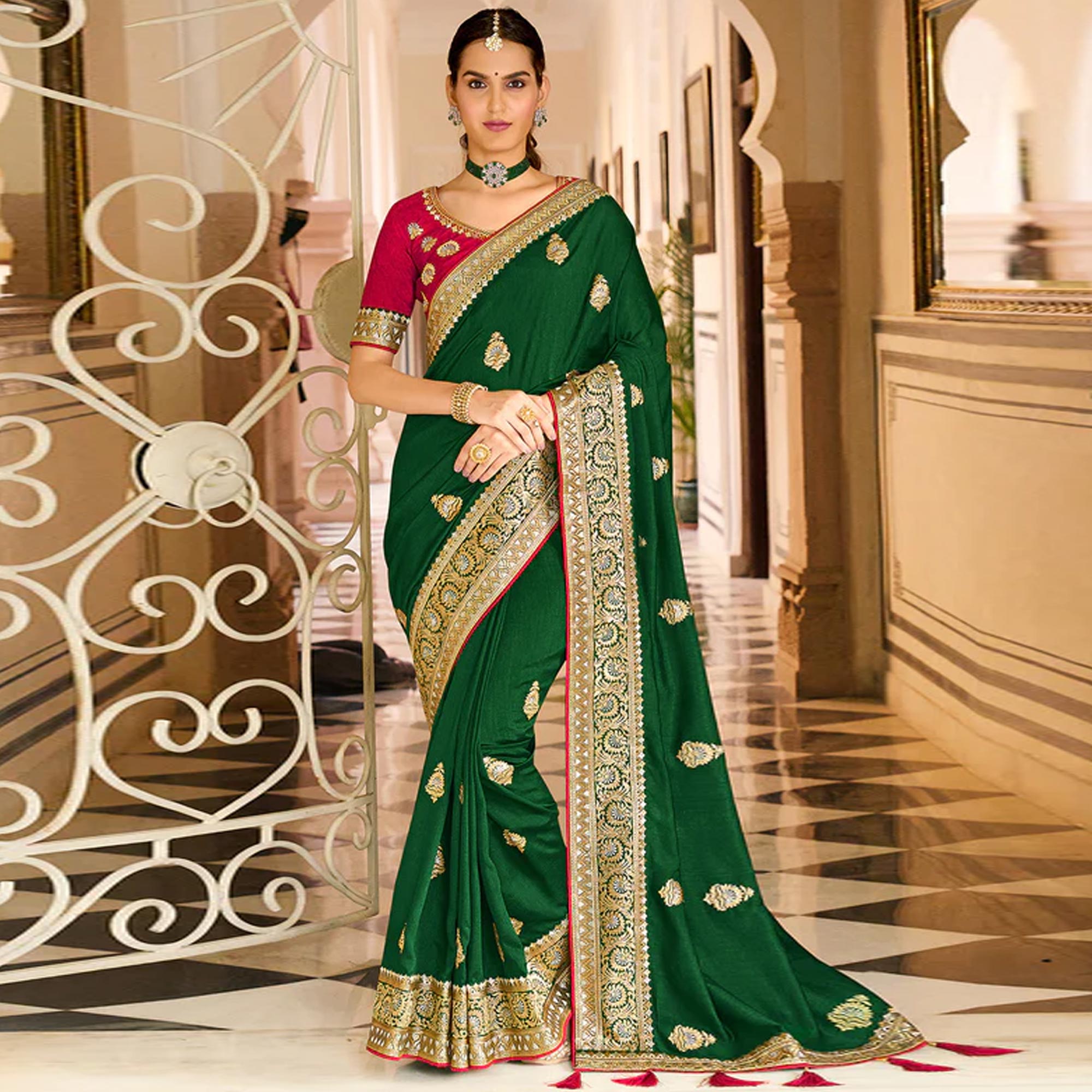 Green Embroidered Vichitra Silk Saree With With Tassels
