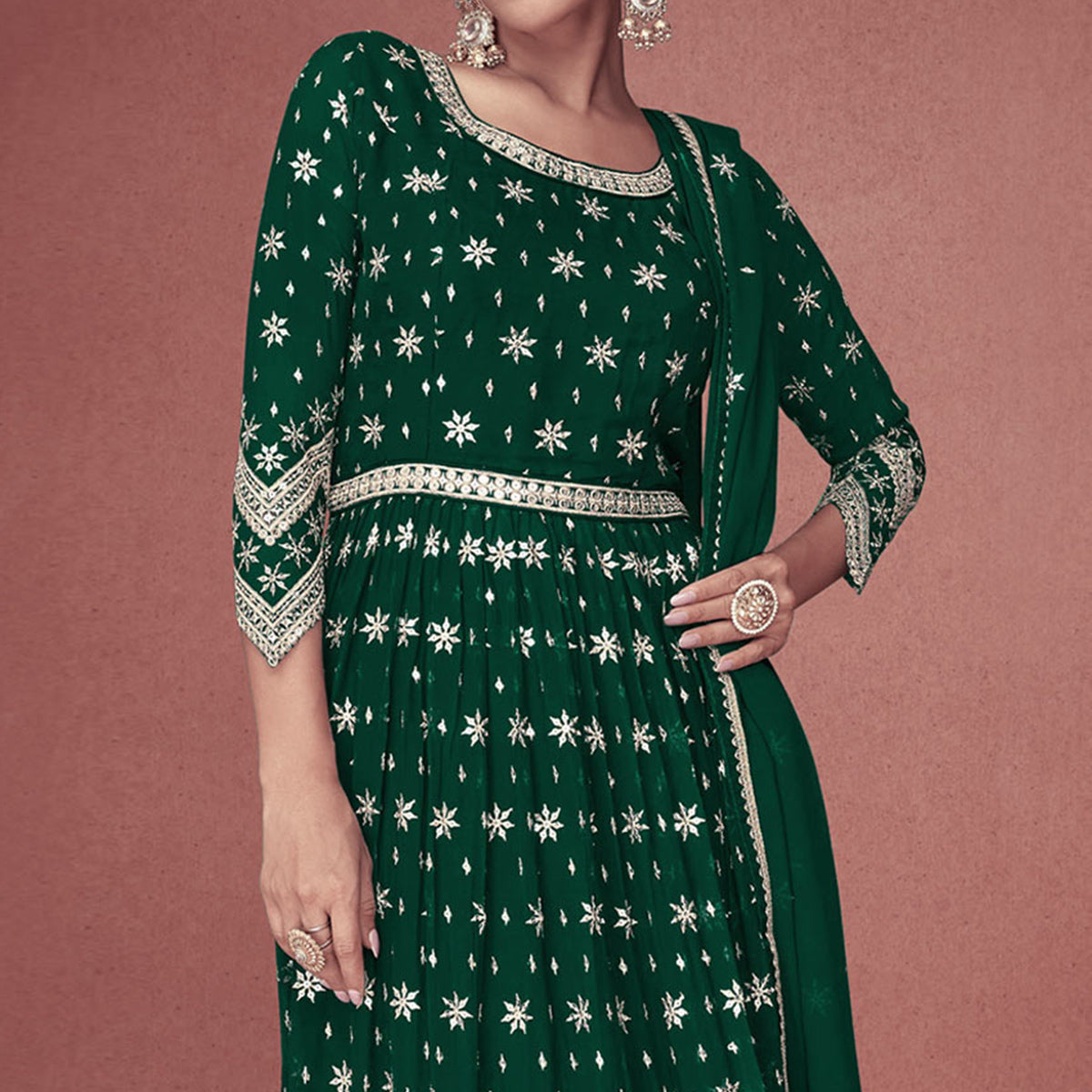 Green Sequins Embroidered Georgette Semi Stitched Naira Cut Suit
