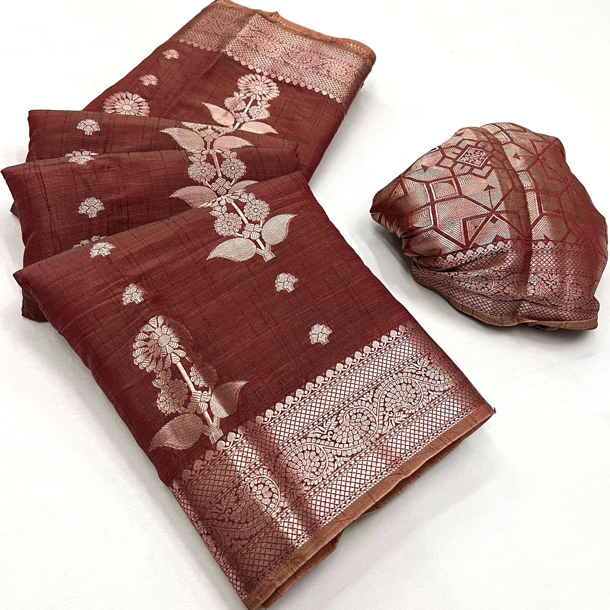 Brown Floral Woven Organza Saree