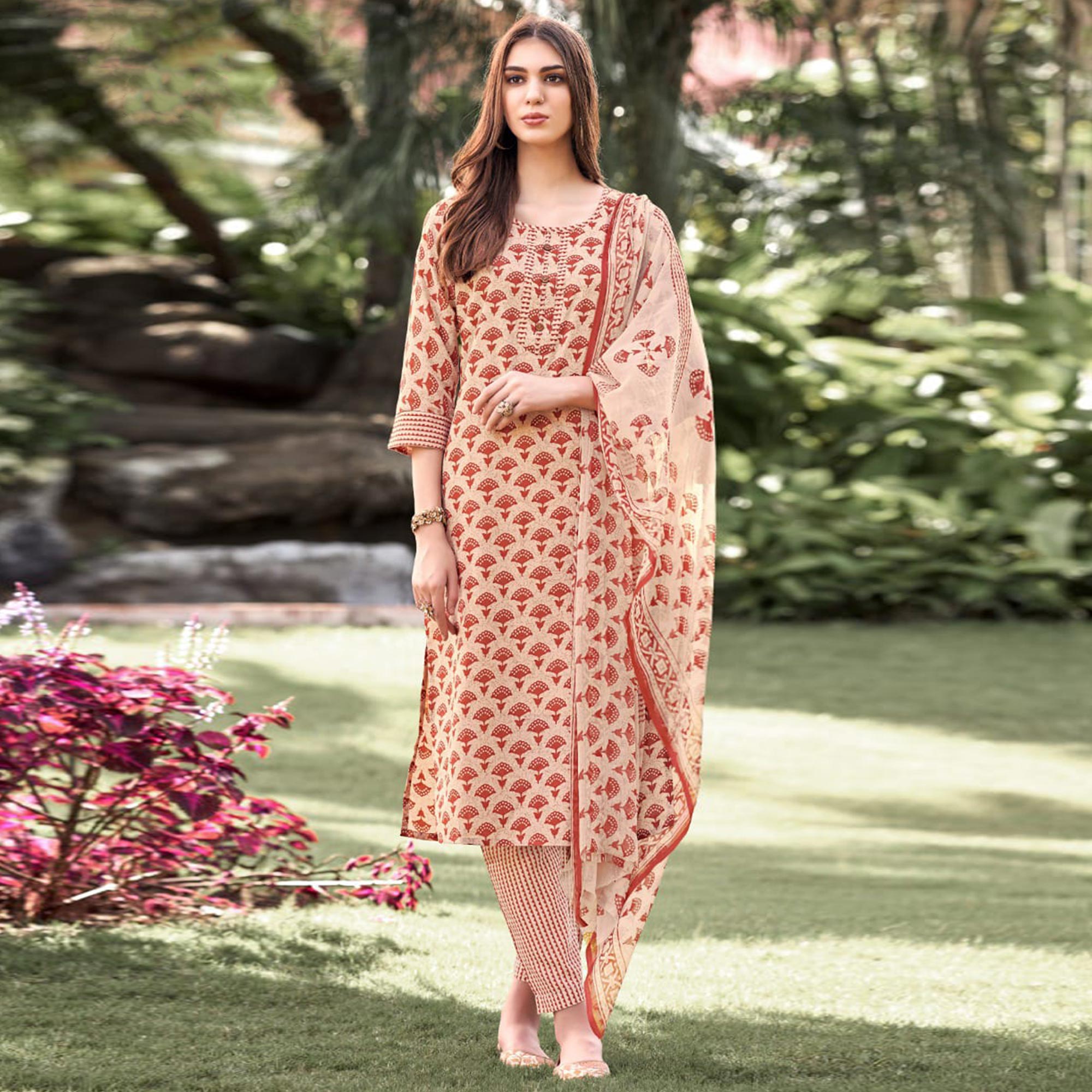 Beige Floral Printed Cotton Blend Suit