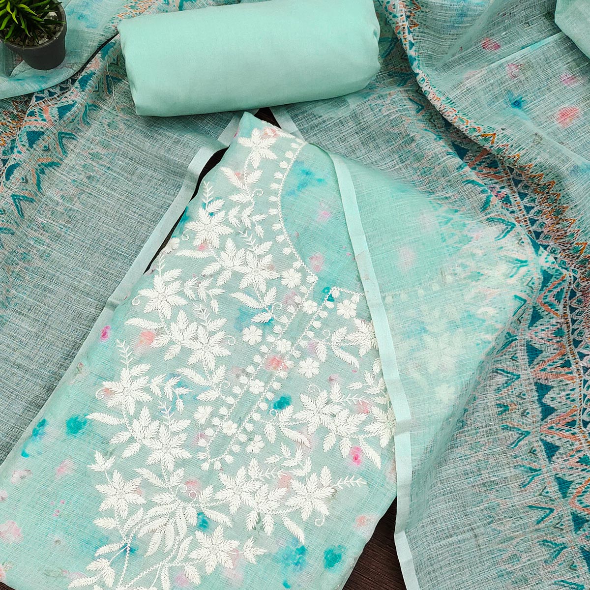 Sea Blue Floral Printed Cotton Dress Material