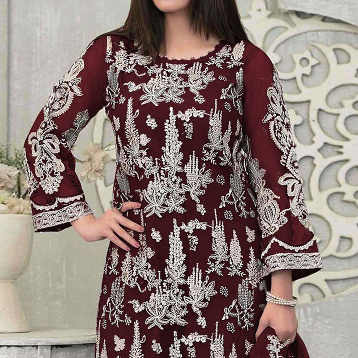 Maroon Floral Embroidered Georgette Pakistani Suit