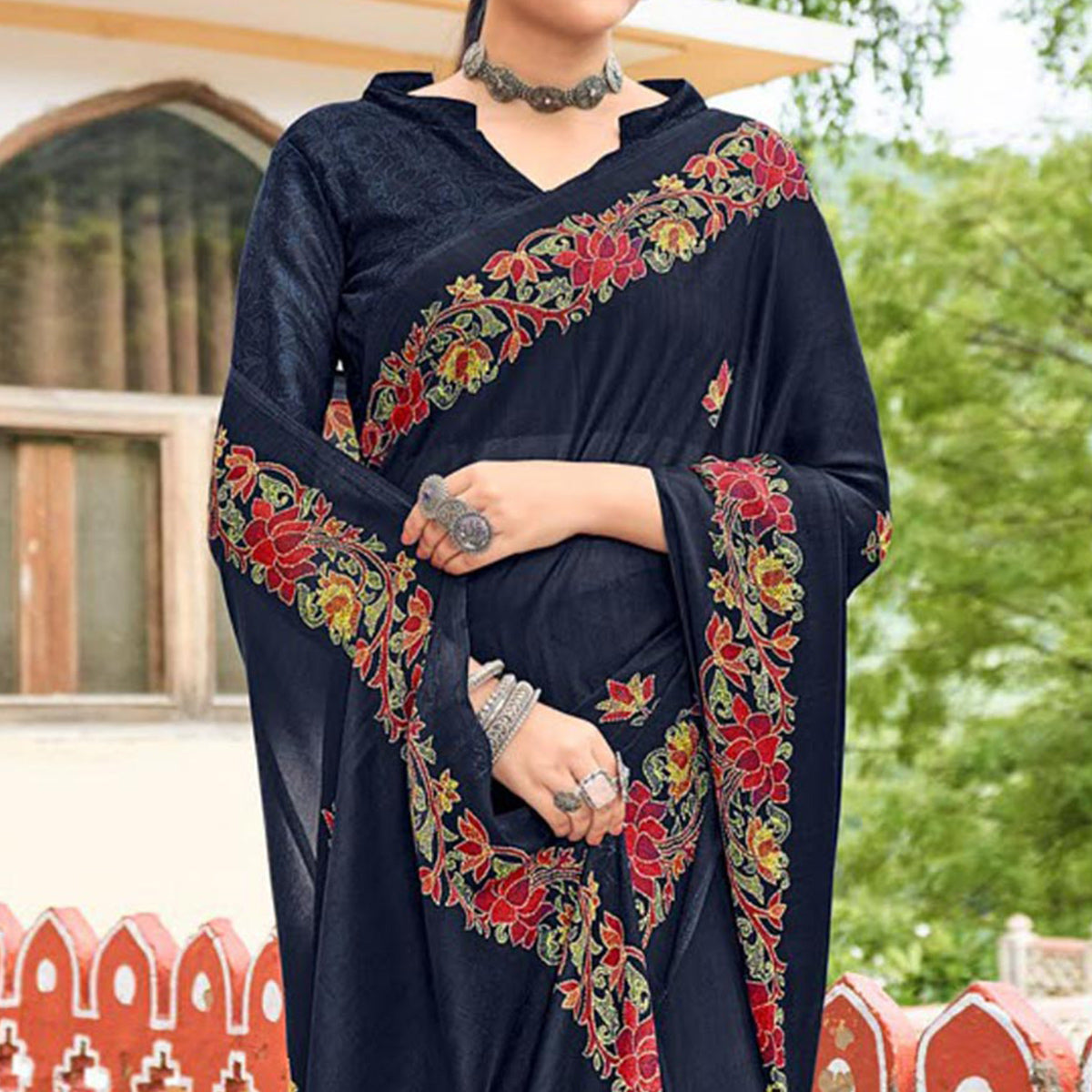 Black Floral Printed Georgette Saree