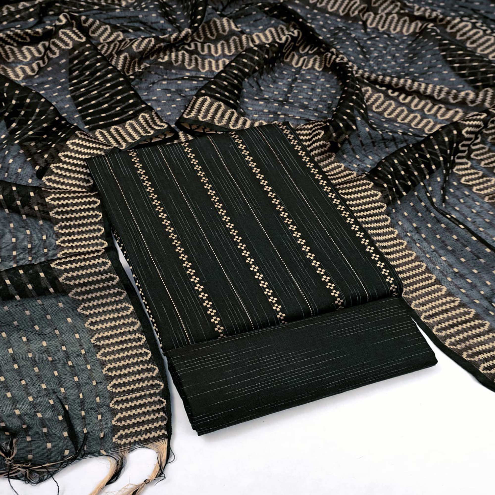 Black Woven Cotton Blend Dress Material