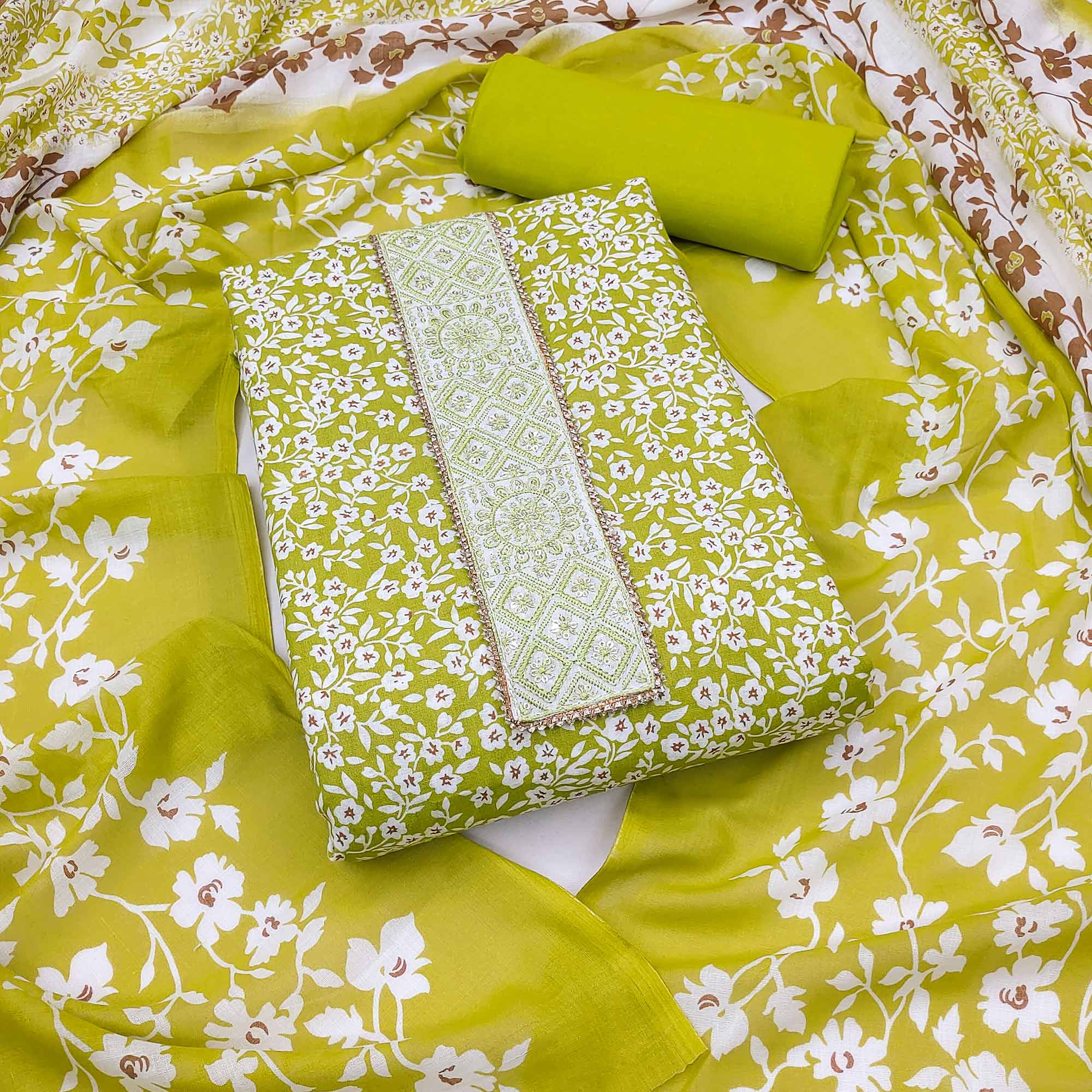 Green Floral Printed Pure Cotton Dress Material
