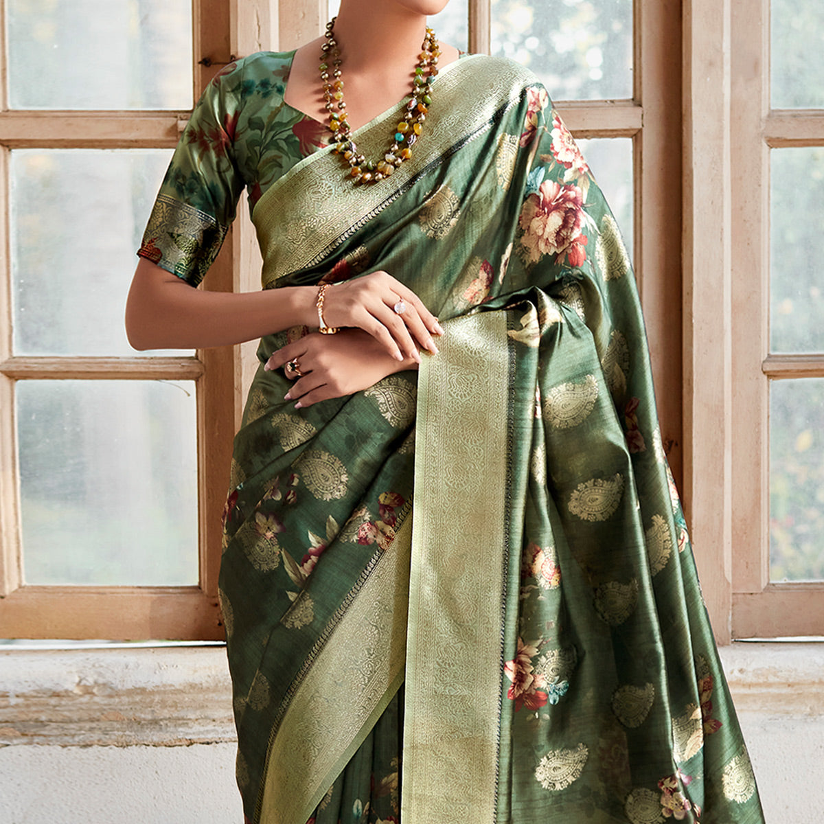 Green Woven With Floral Printed Art Silk Saree