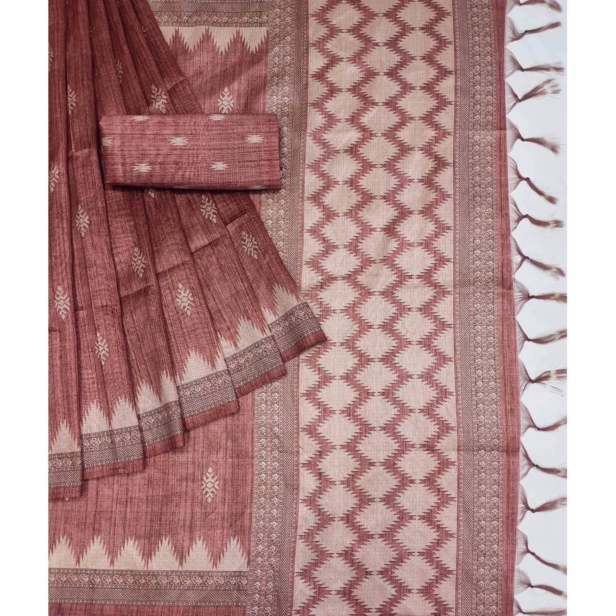 Dusty Pink Printed Tussar Silk Saree With Tassels