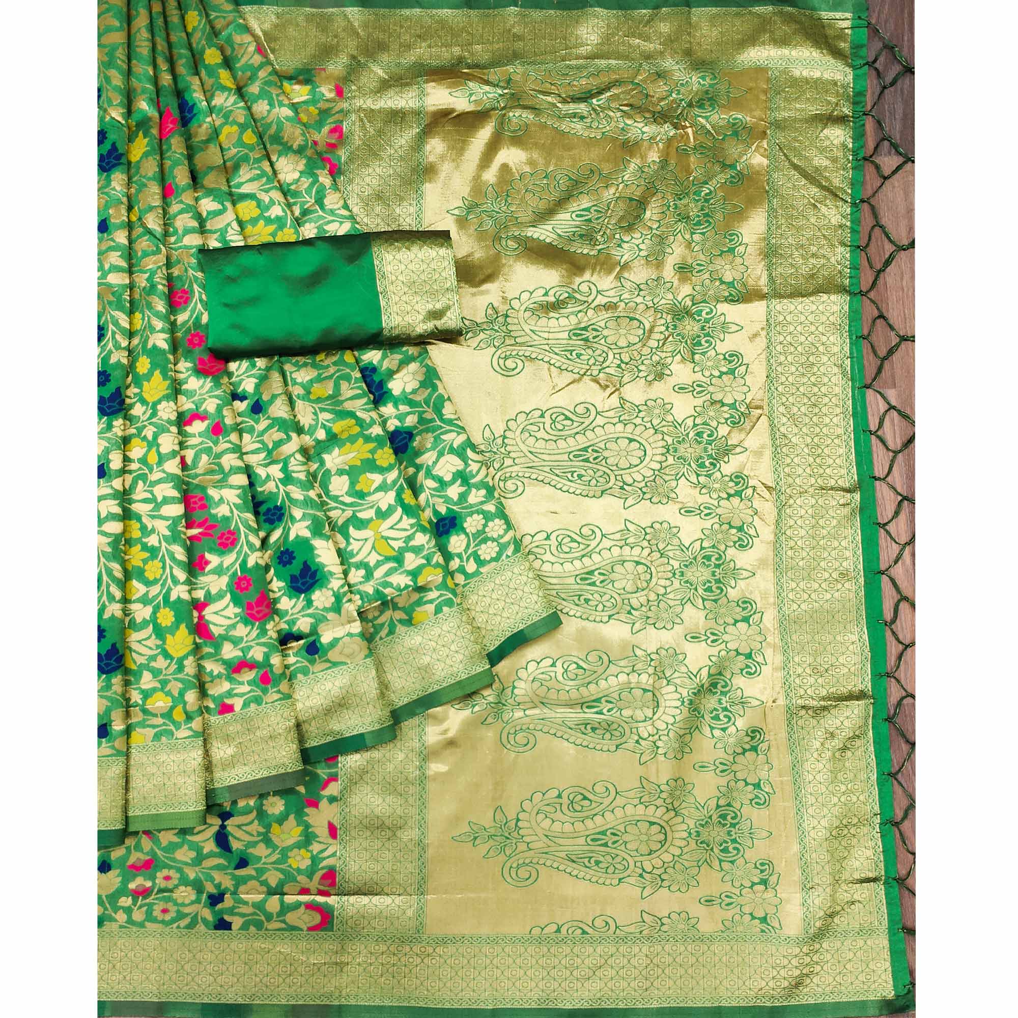 Green Floral Woven Art Silk Saree
