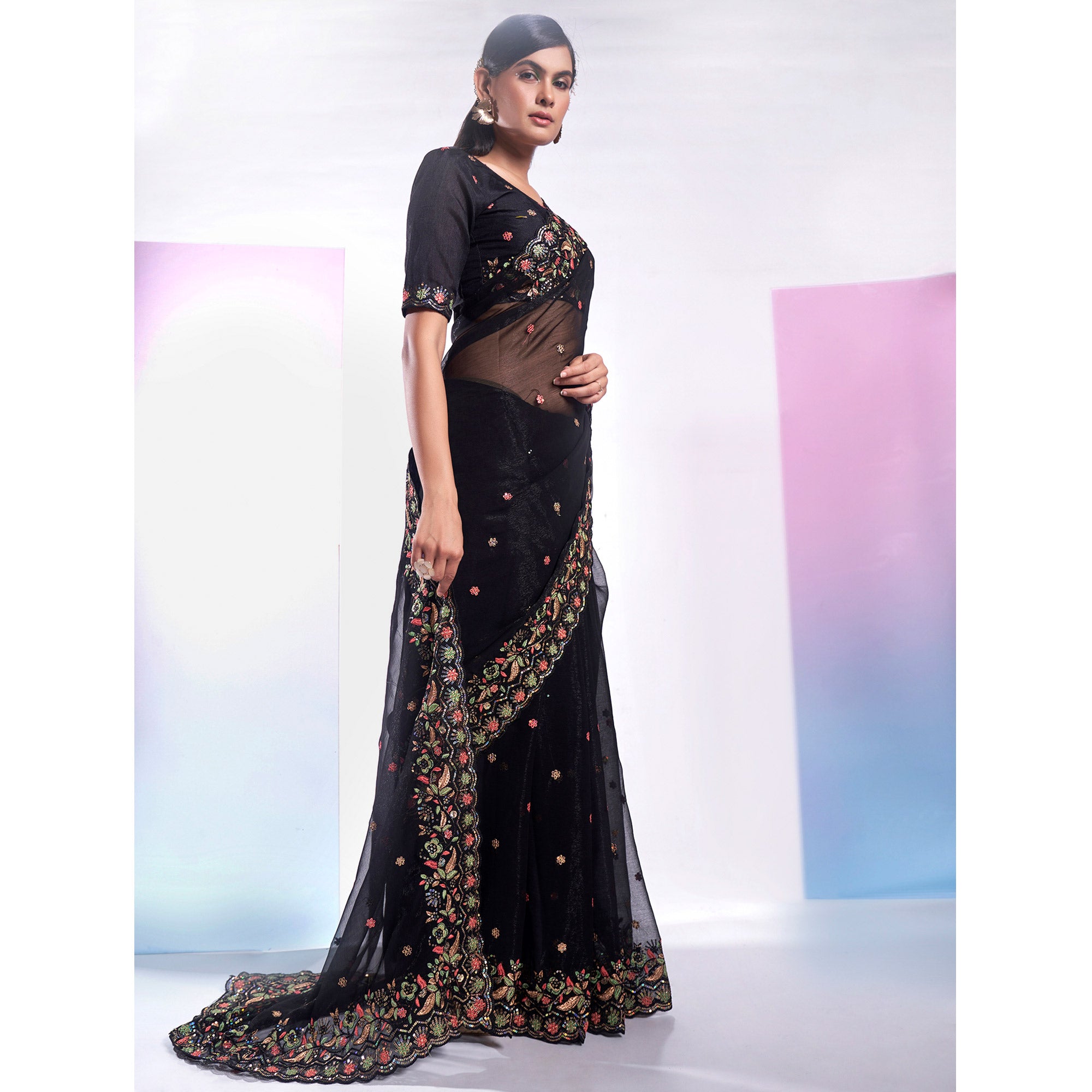 Black Floral Embroidered Georgette Saree