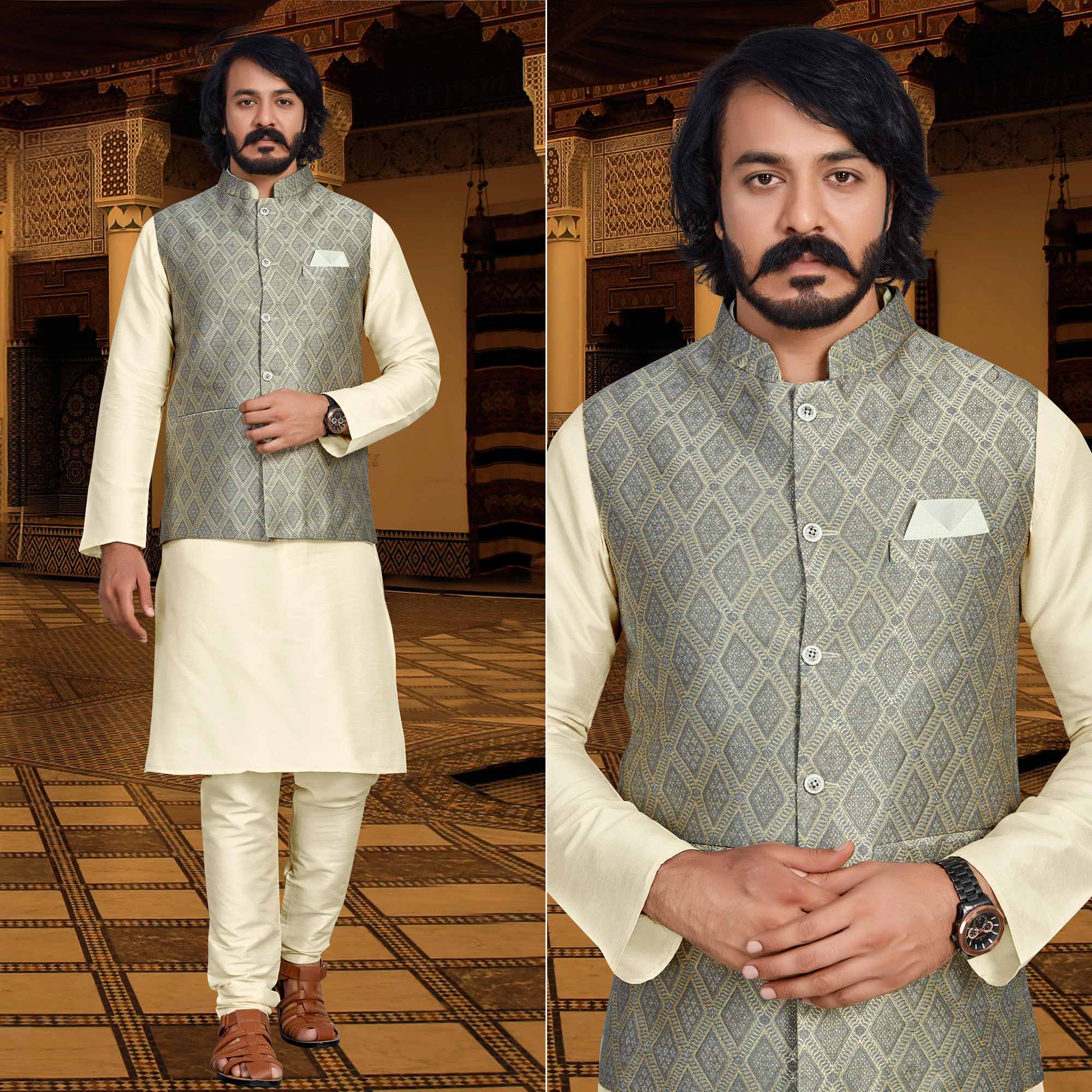 Cream Grey Woven Art Silk Kurta Pyjama Set With Jacket